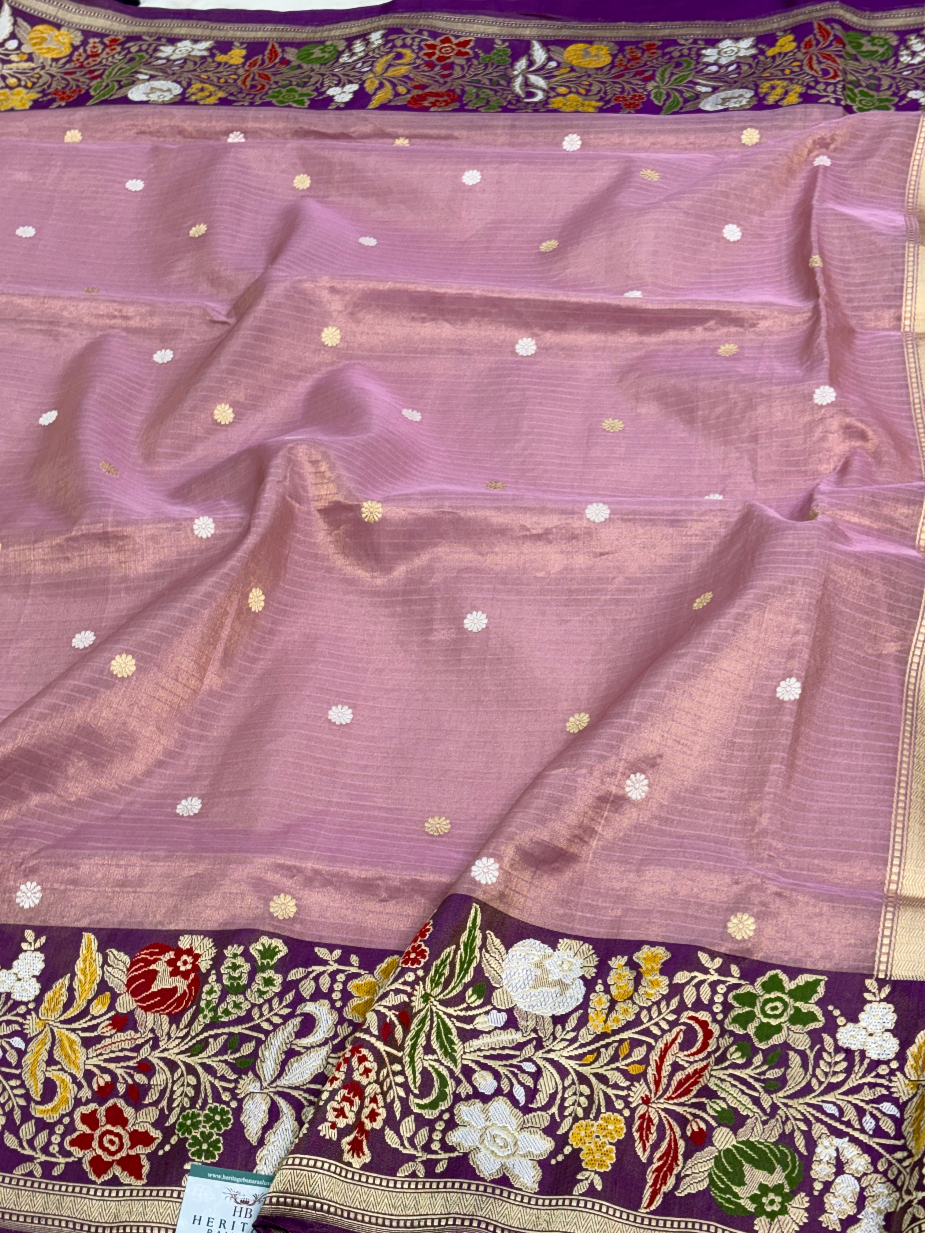 Lavender Tissue Banarasi Saree with Multicolour Meenakari Floral Border and Pallu