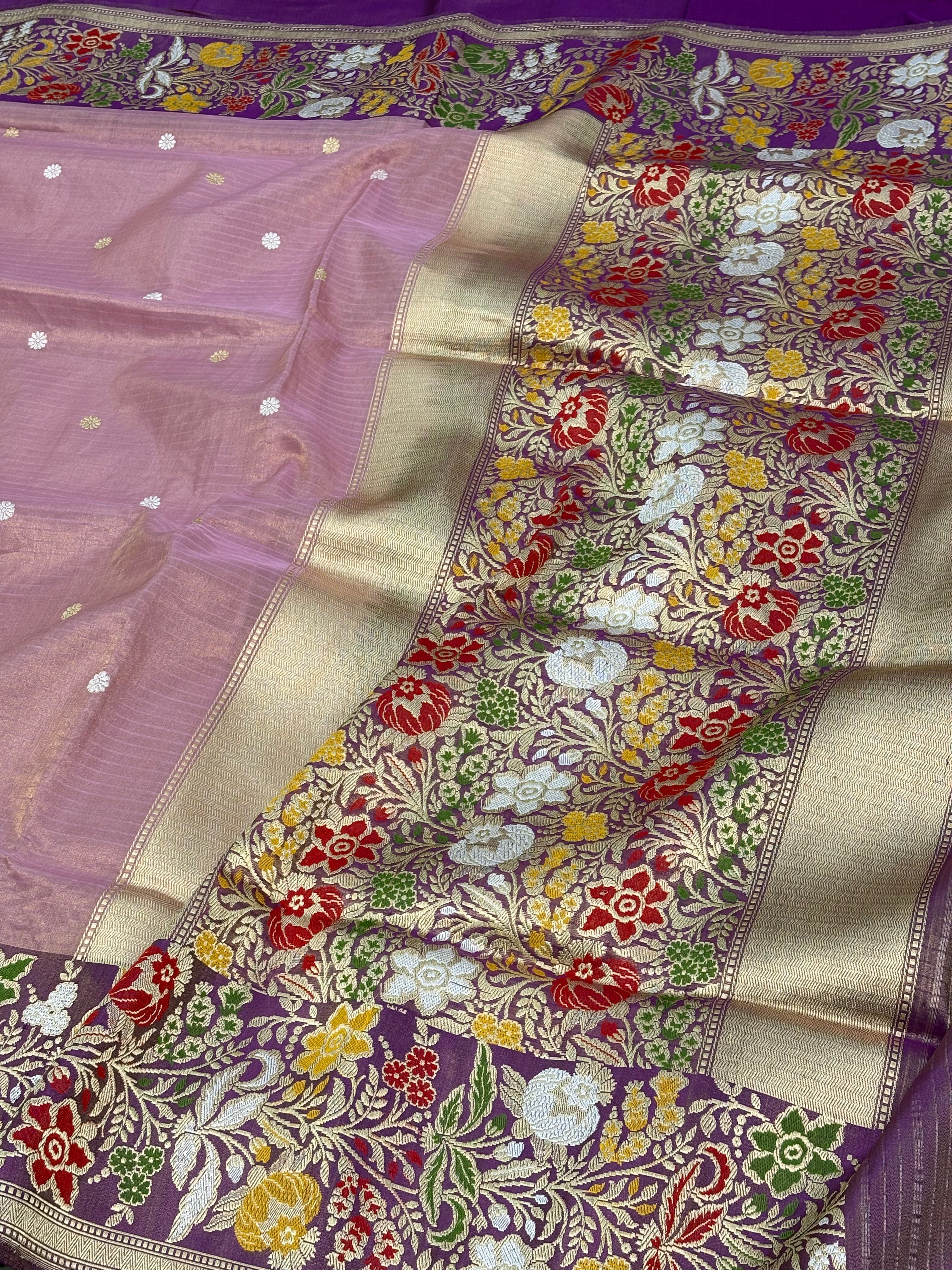 Lavender Tissue Banarasi Saree with Multicolour Meenakari Floral Border and Pallu