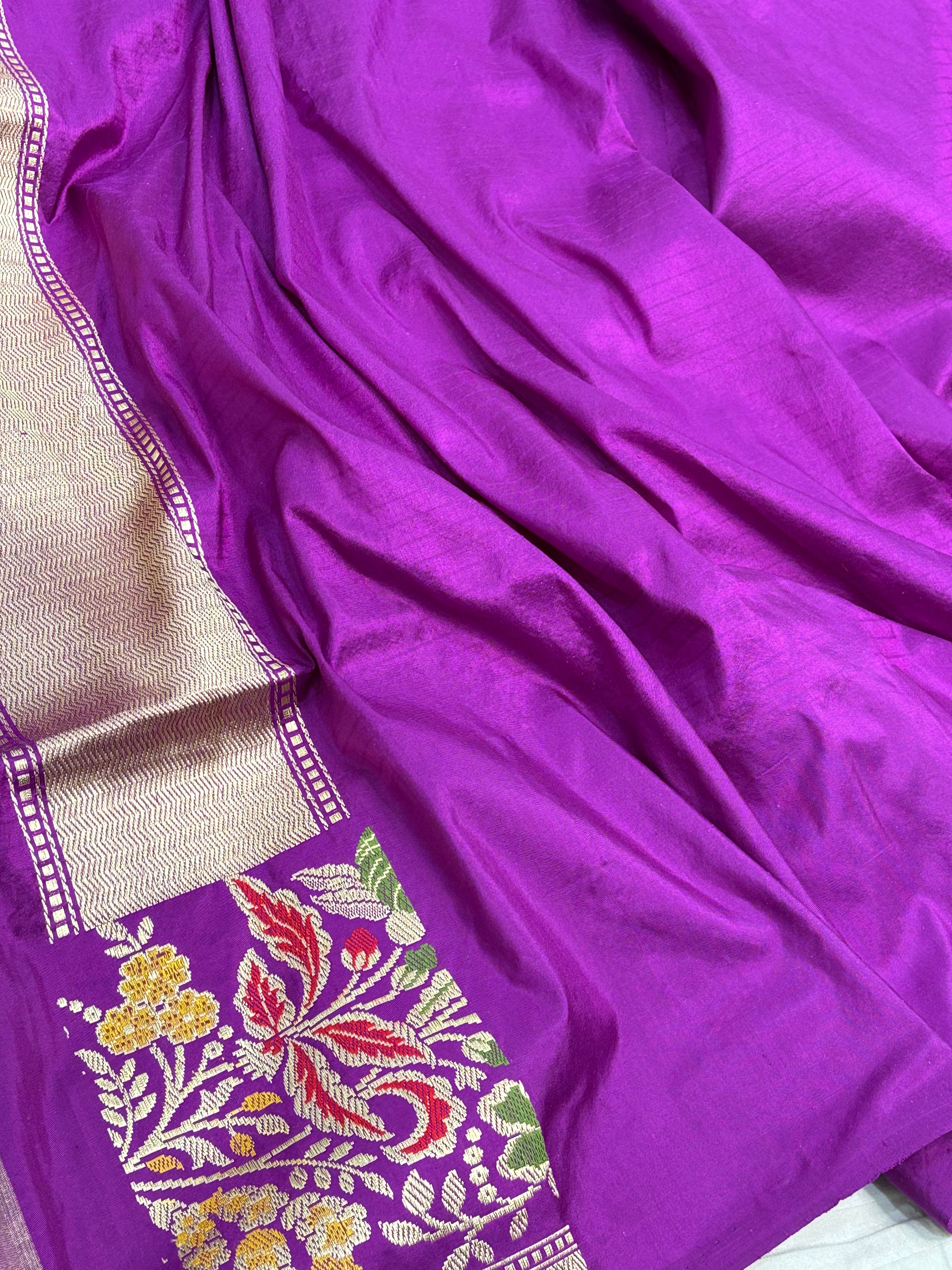 Lavender Tissue Banarasi Saree with Multicolour Meenakari Floral Border and Pallu