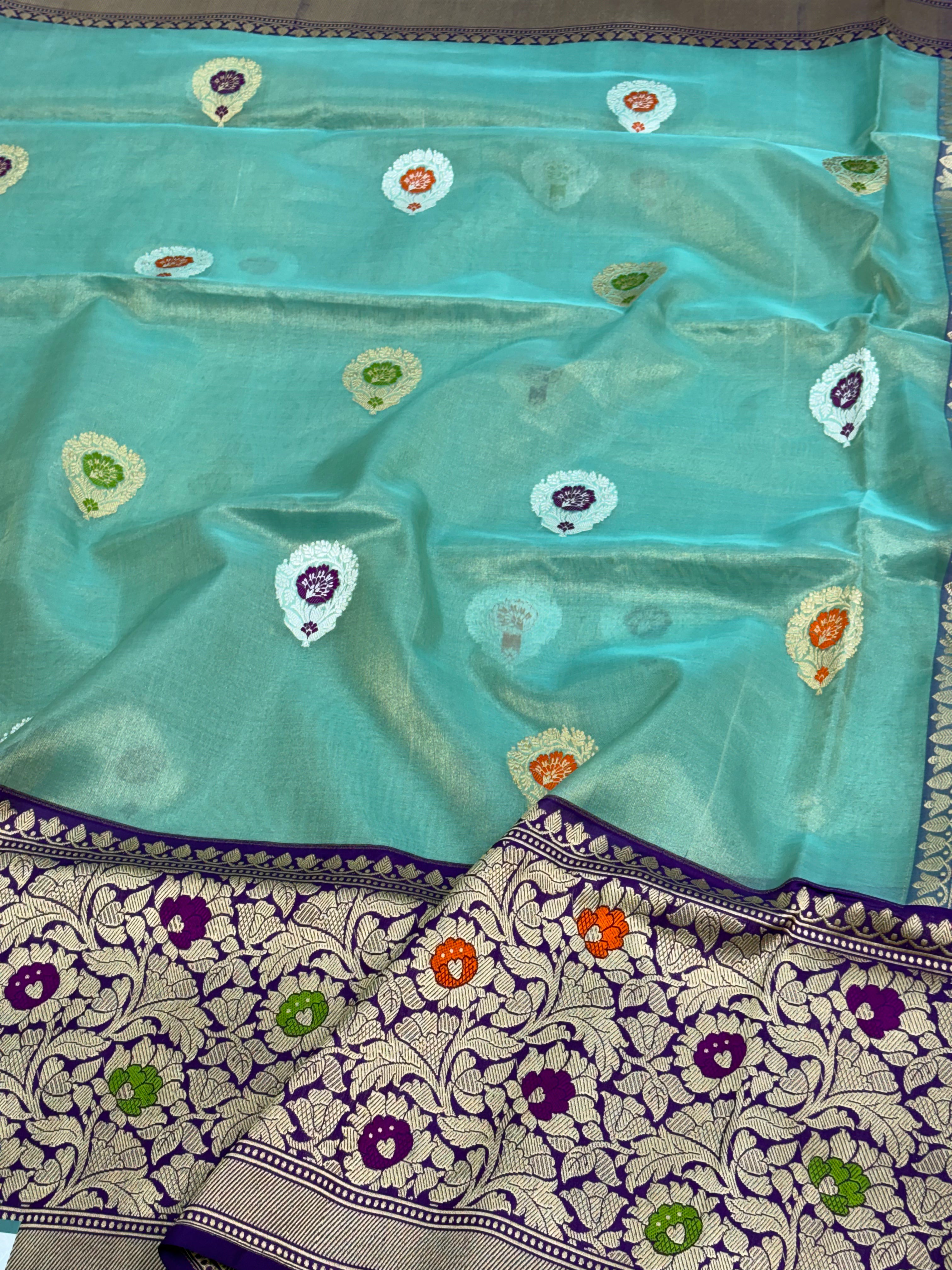 Teal Blue Handwoven Banarasi Tissue Silk Saree with Purple Meenakari Kadhiyal Katan Silk Border