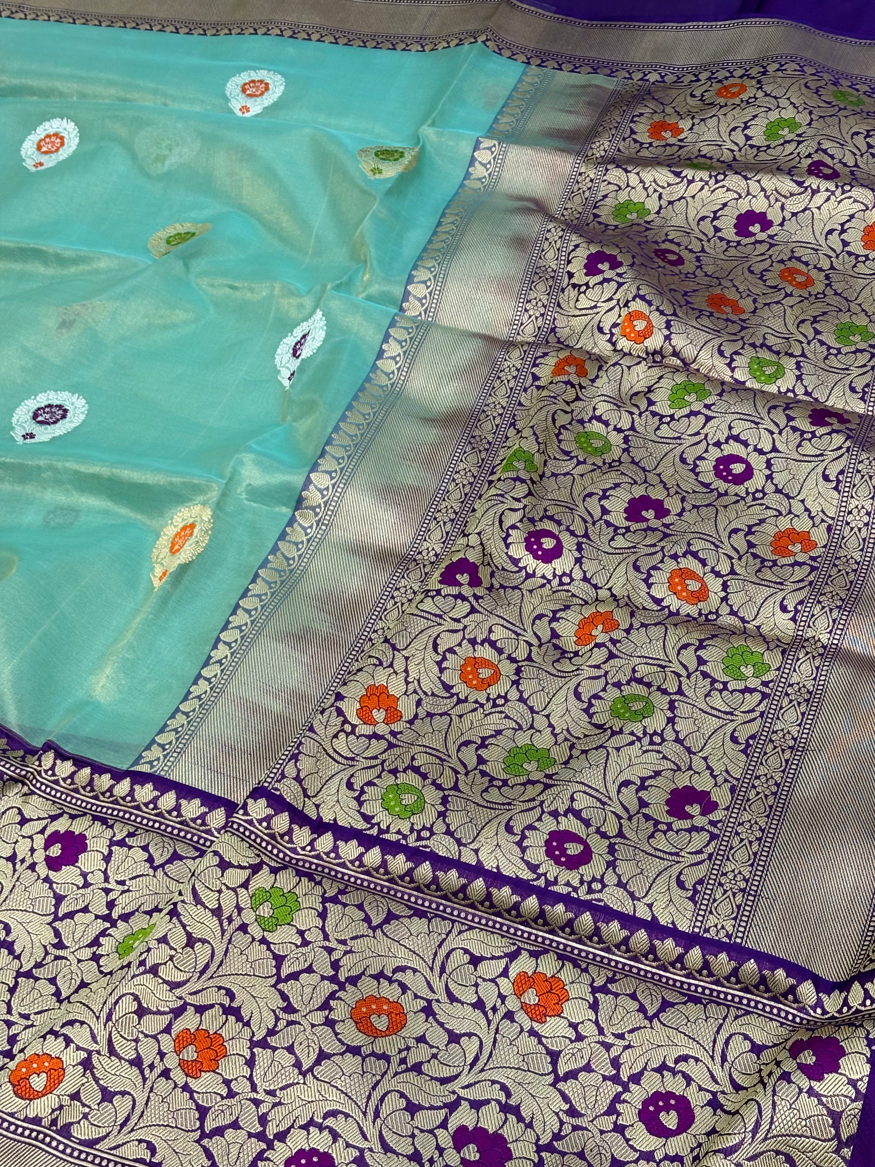 Teal Blue Handwoven Banarasi Tissue Silk Saree with Purple Meenakari Kadhiyal Katan Silk Border
