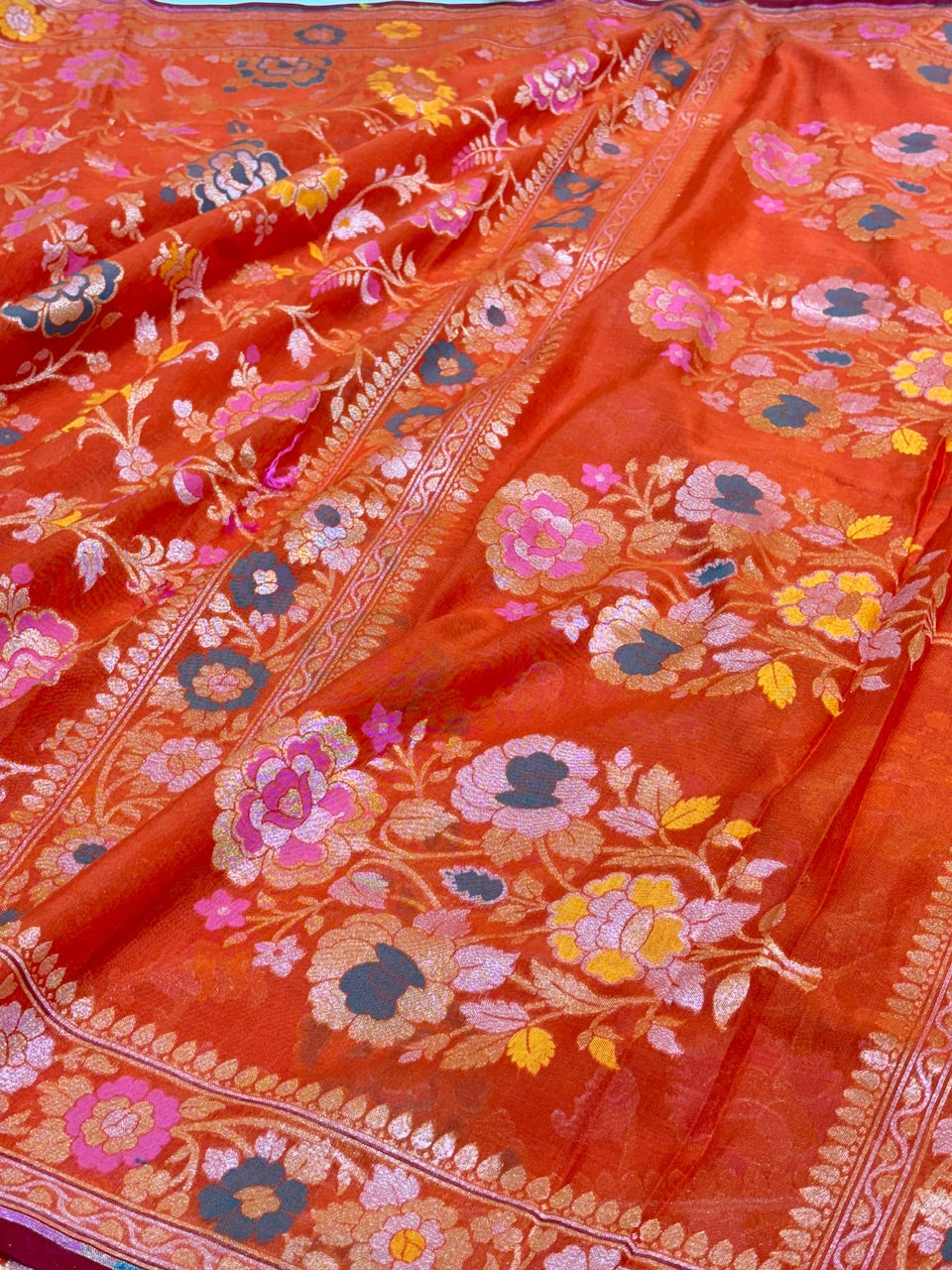 Orange Banarasi cotton Jamdani handloom Saree