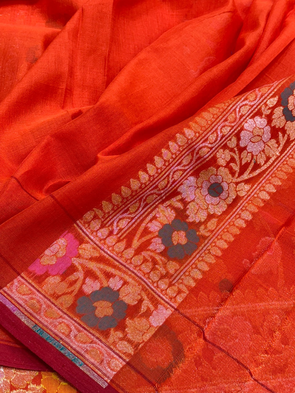 Orange Banarasi cotton Jamdani handloom Saree