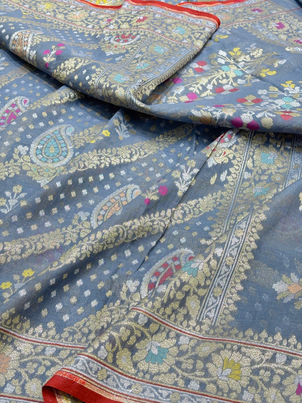 Grey Banarasi cotton Jamdani handloom Saree