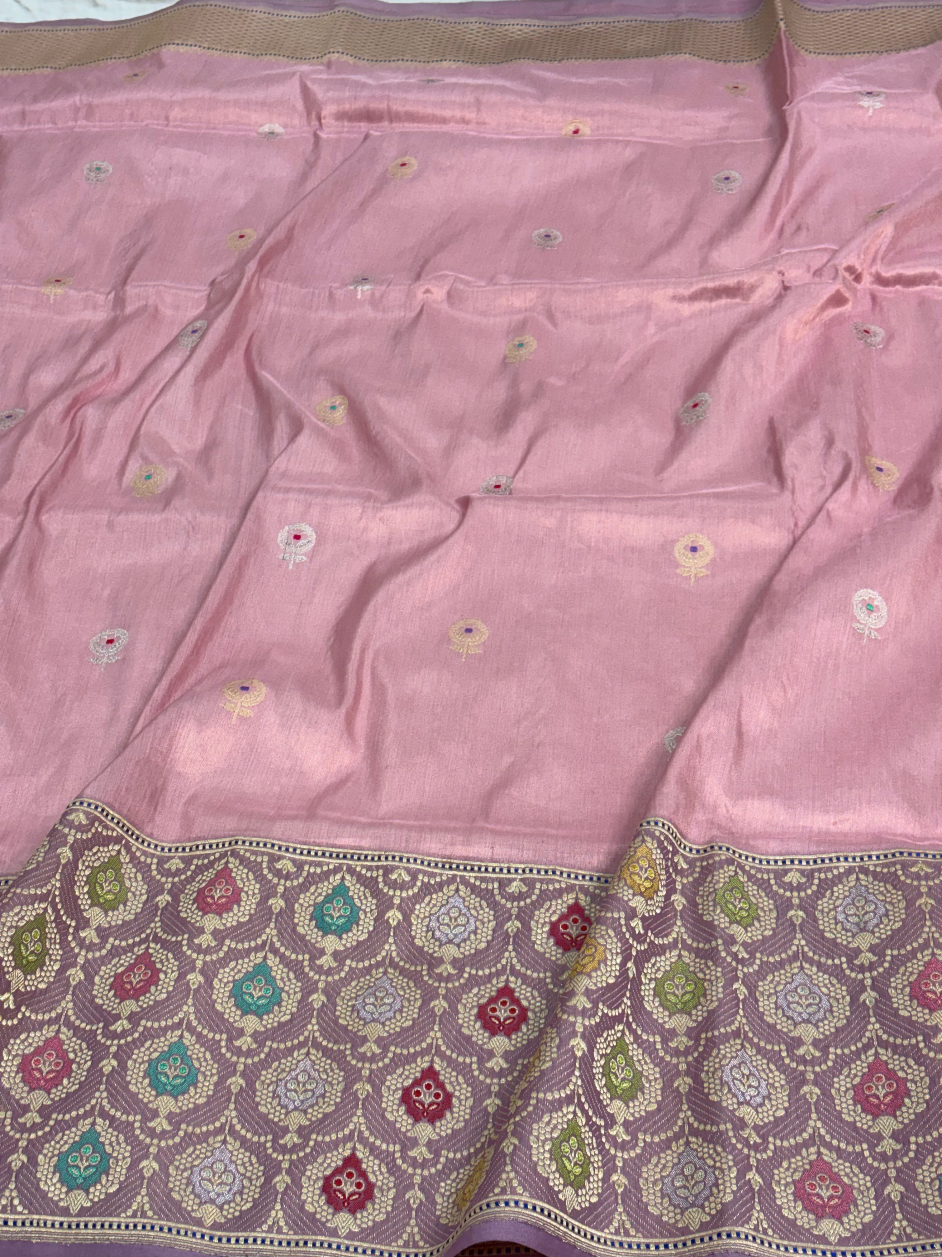 Silver Pink Handwoven Banarasi Tissue Silk saree with Mauve Katan Silk Meenakari Border