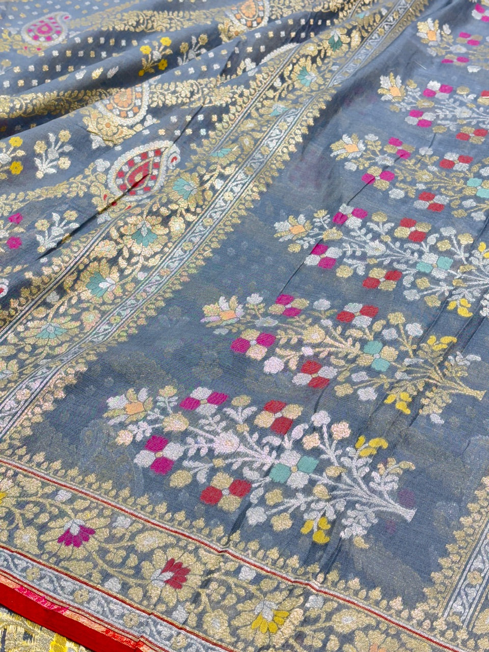 Grey Banarasi cotton Jamdani handloom Saree