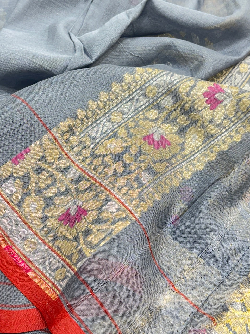 Grey Banarasi cotton Jamdani handloom Saree