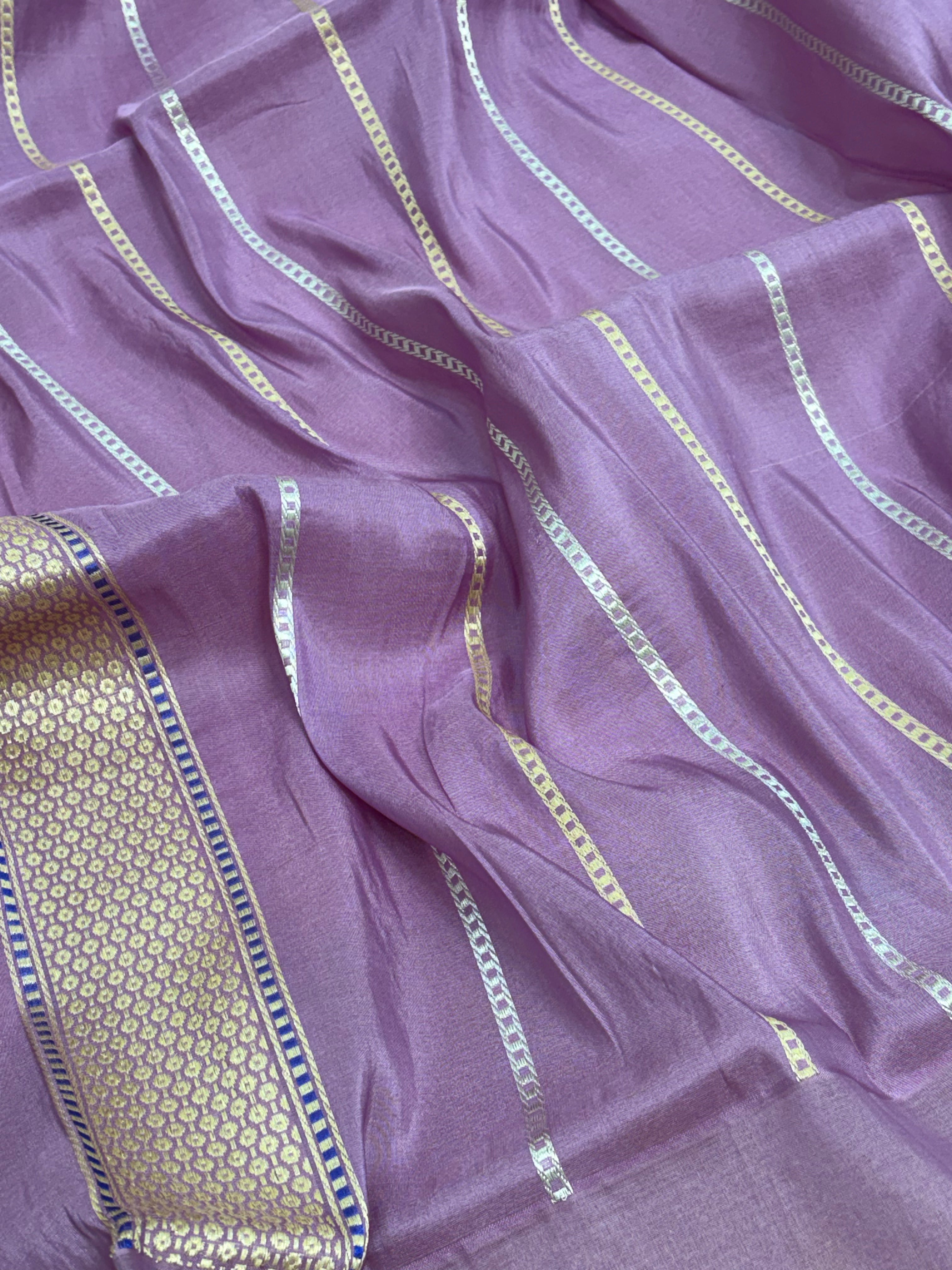 Silver Pink Handwoven Banarasi Tissue Silk saree with Mauve Katan Silk Meenakari Border