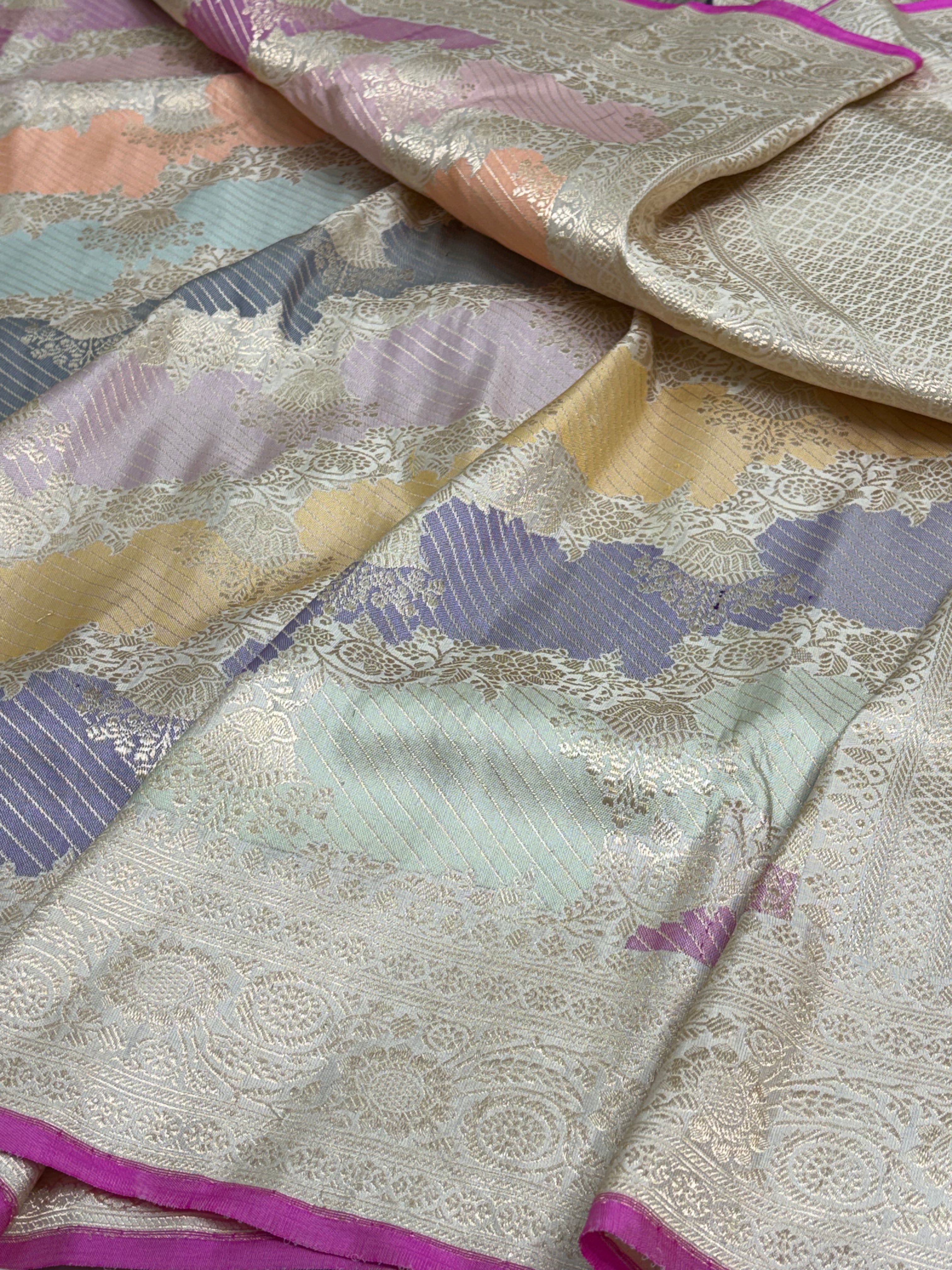Pastel Multicolor with Soft Ivory Base Handwoven Rangkaat Banarasi Silk Saree