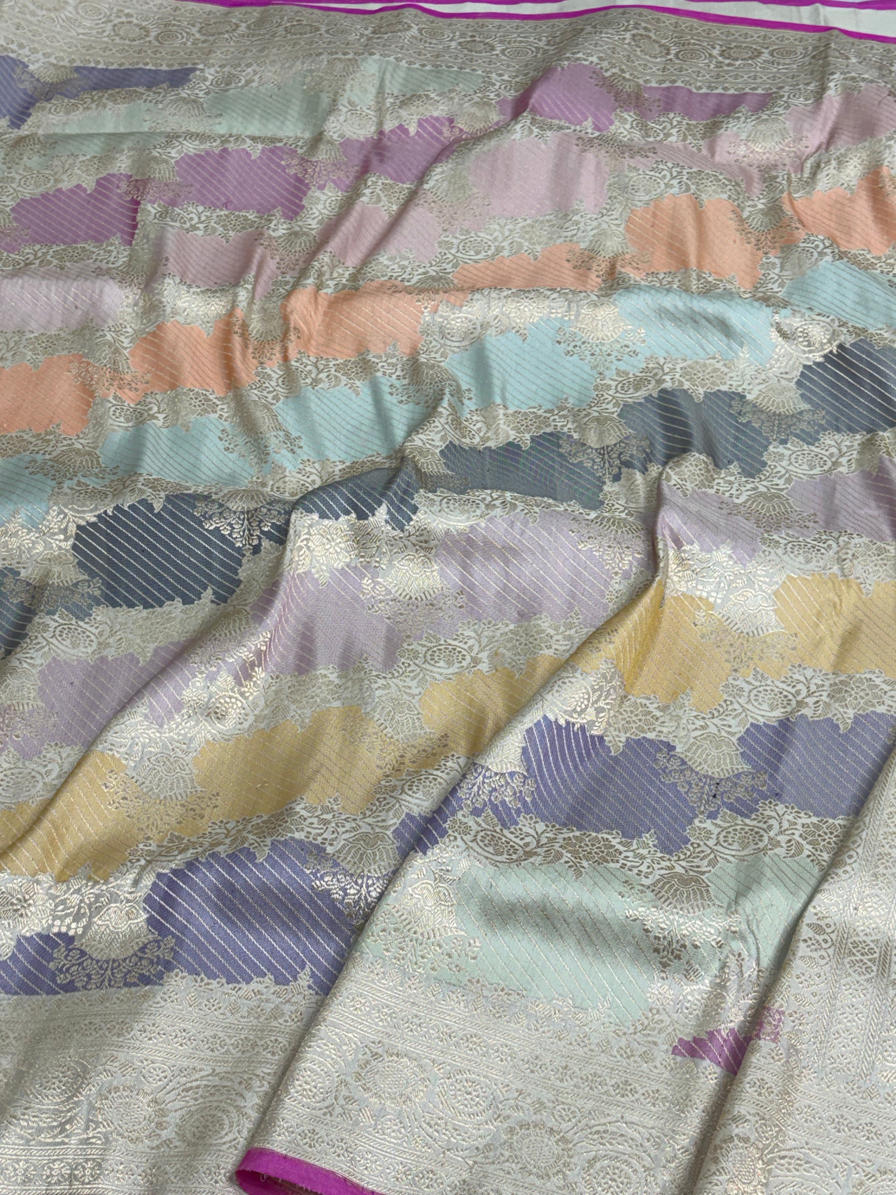 Pastel Multicolor with Soft Ivory Base Handwoven Rangkaat Banarasi Silk Saree