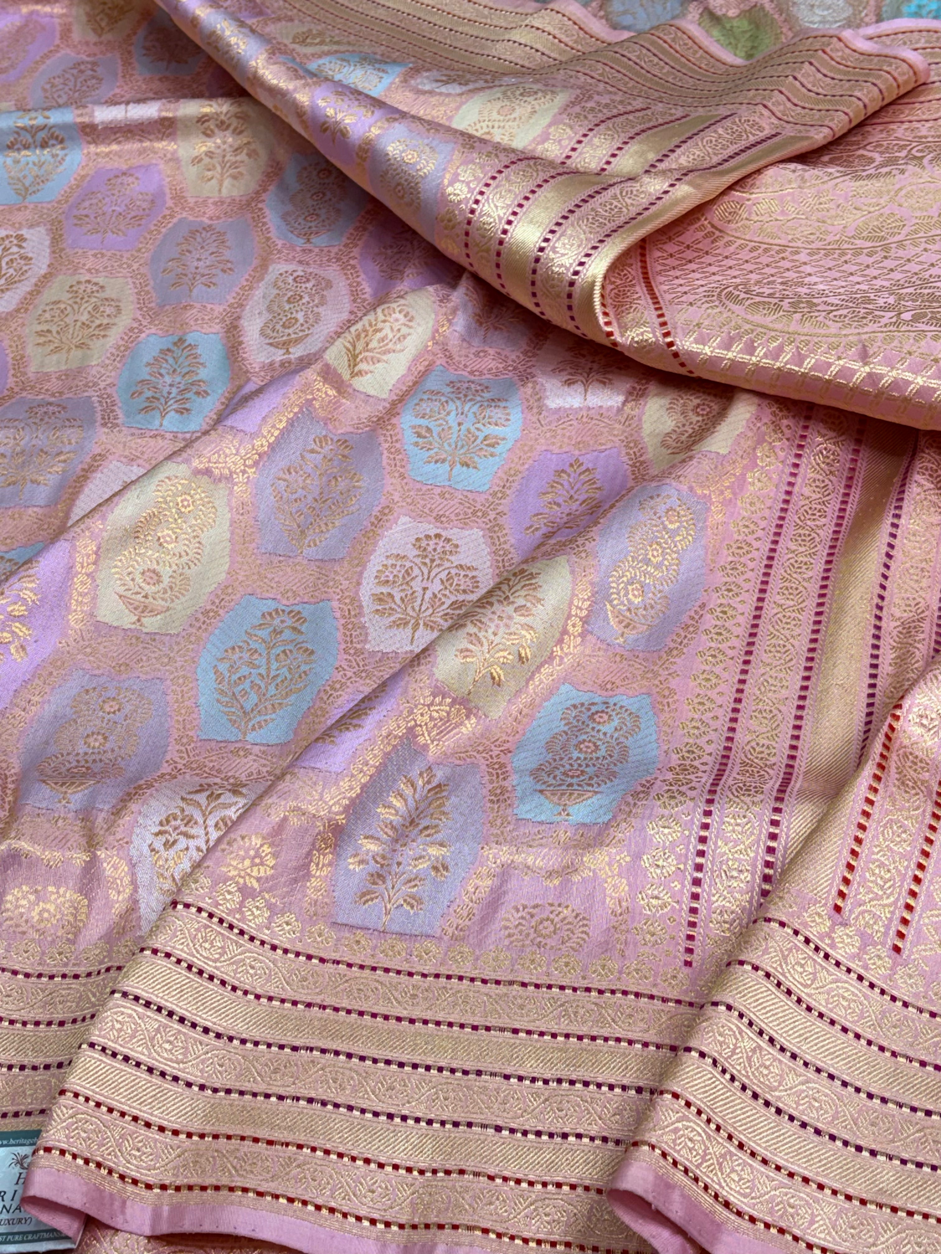 Baby Pink Banarasi Pure Katan Silk Handwoven Rangkaat Saree