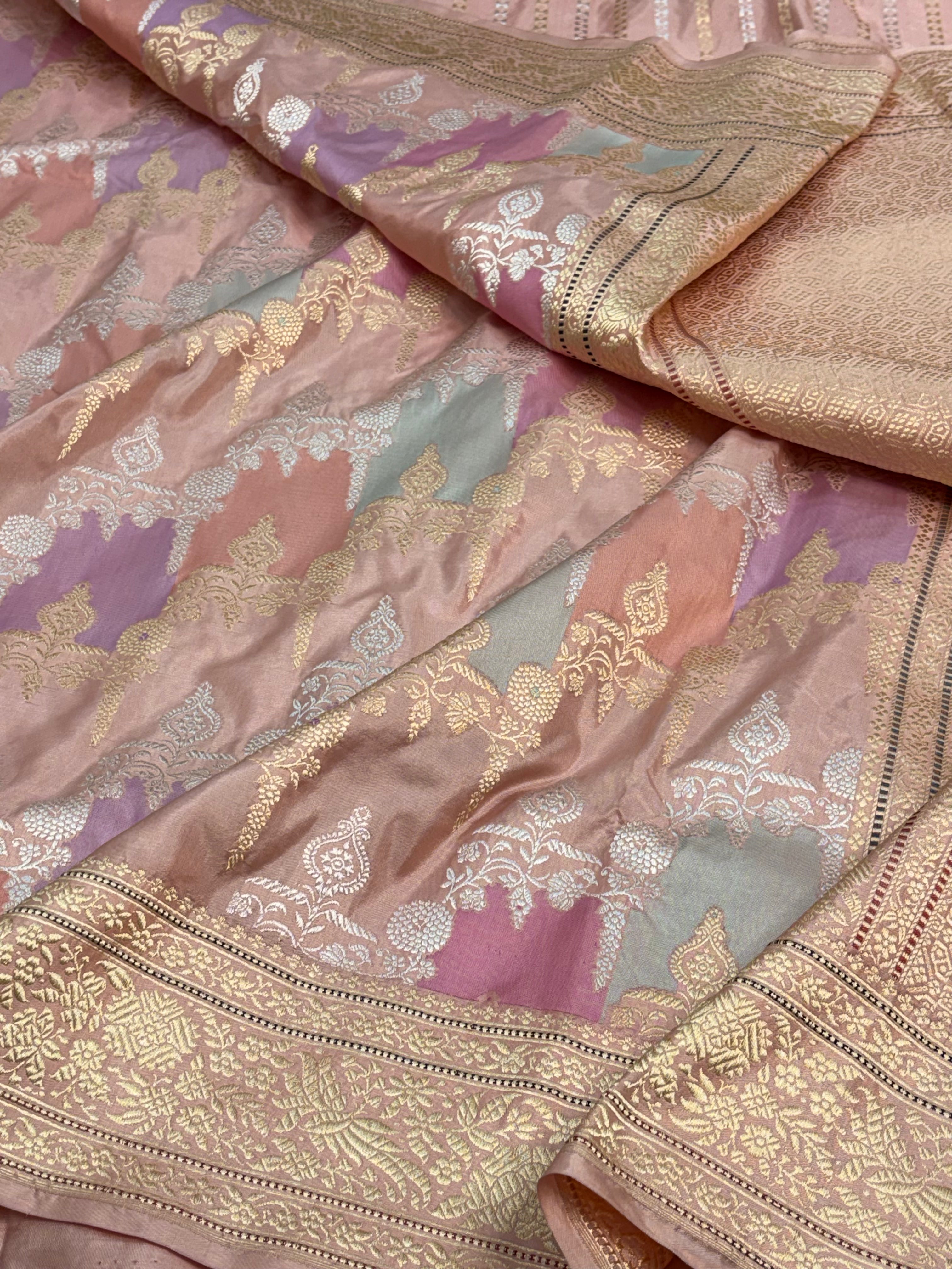 Pastel Baby Pink Handwoven Rangkaat Banarasi Katan Silk Saree