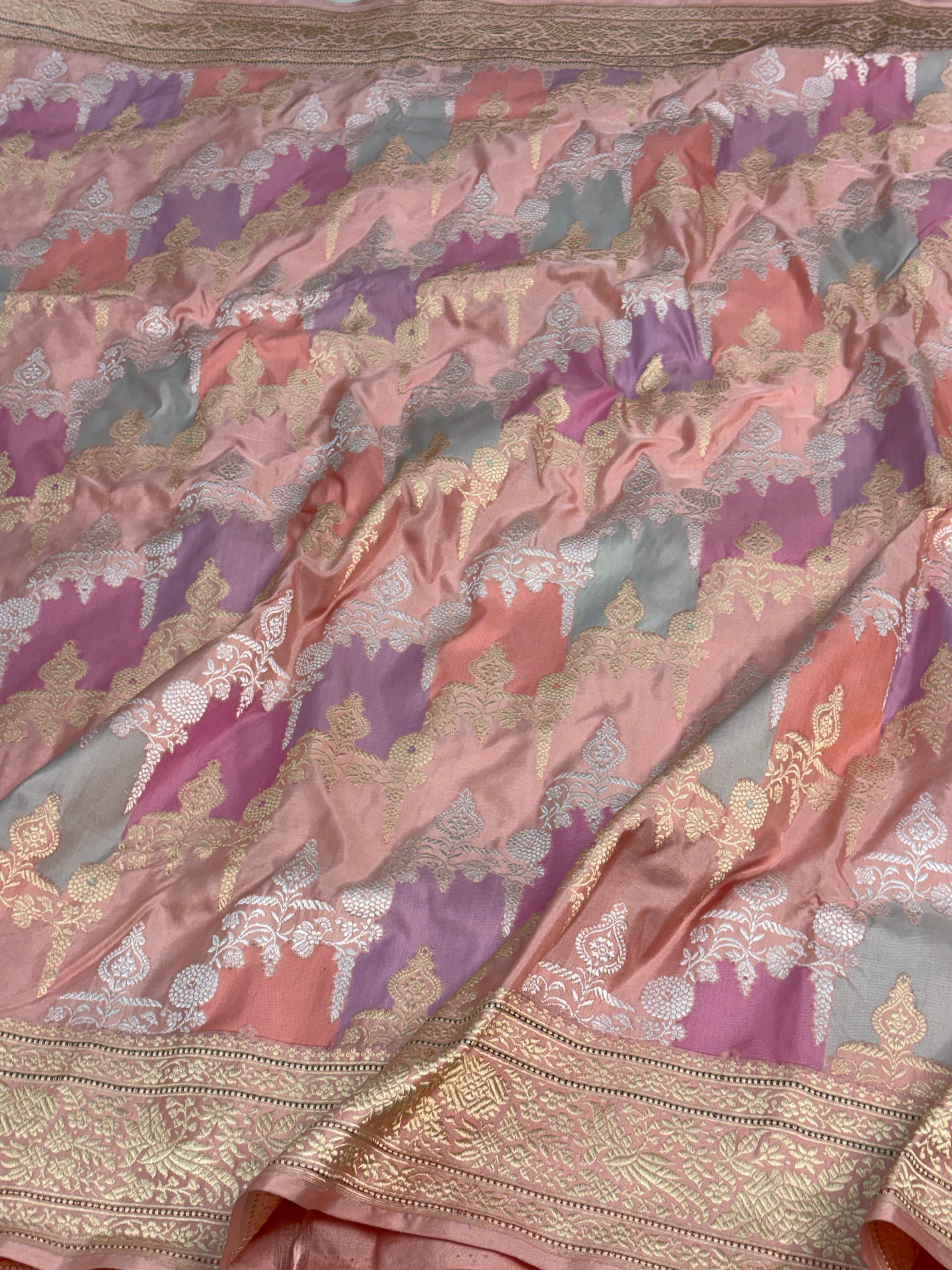 Pastel Baby Pink Handwoven Rangkaat Banarasi Katan Silk Saree