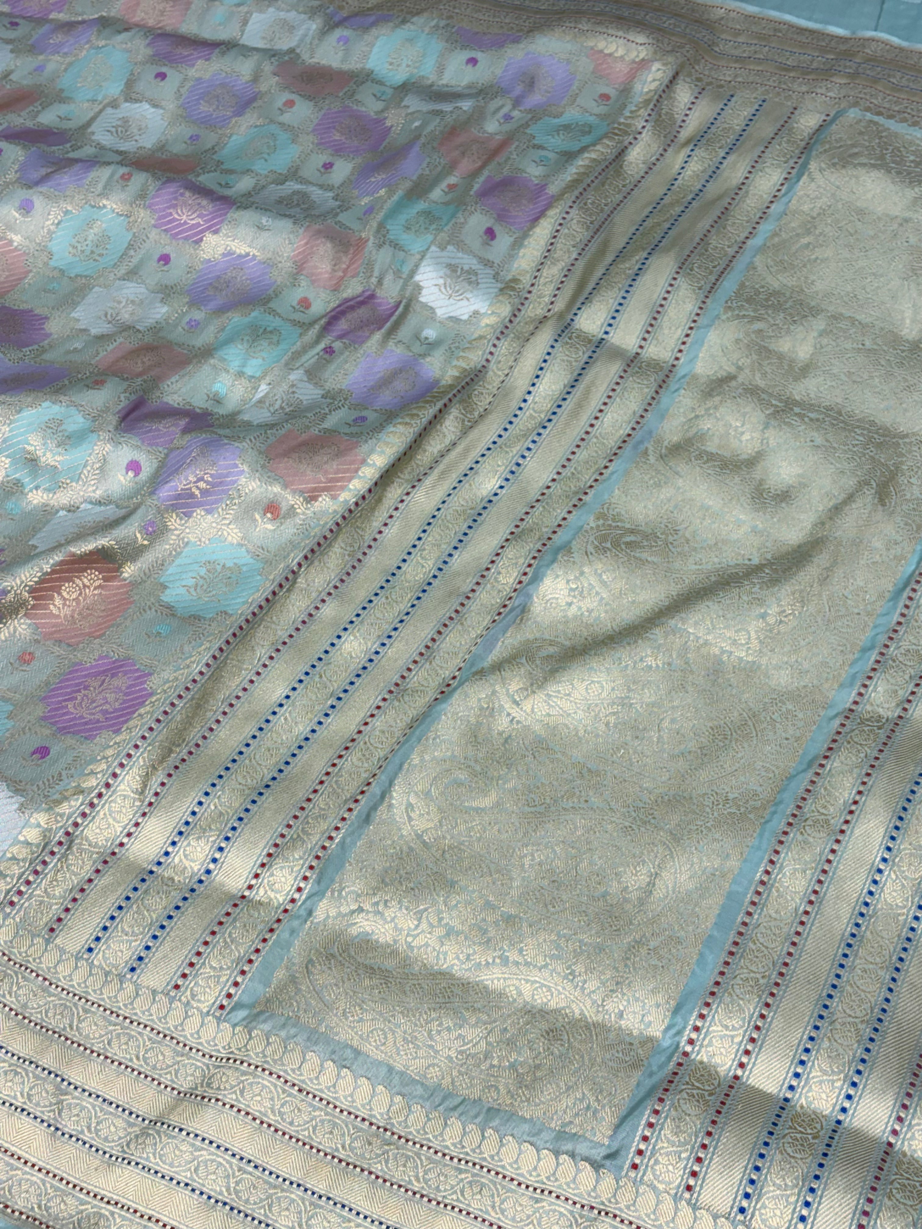 Teal Blue Handwoven Rangkaat Banarasi Pure Katan Silk Saree