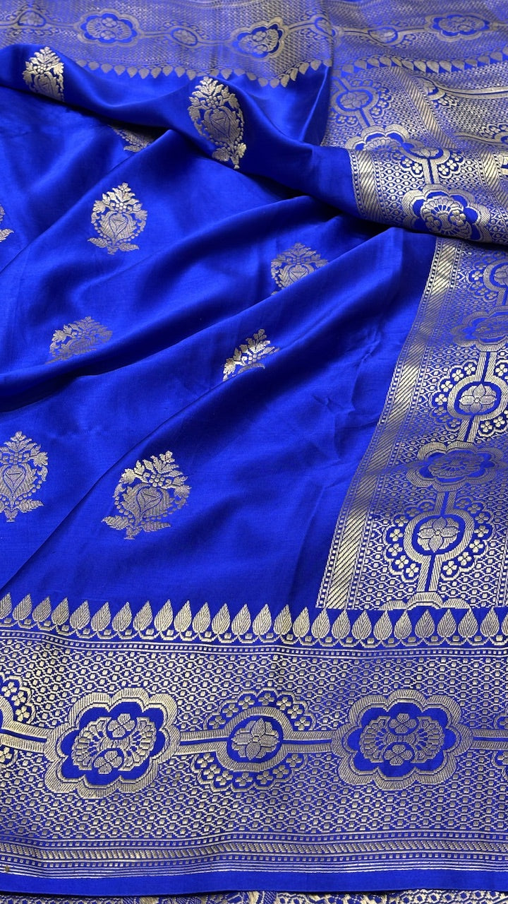 Royal Blue Pure Banarasi Satin-Mashru Silk Handwoven Saree