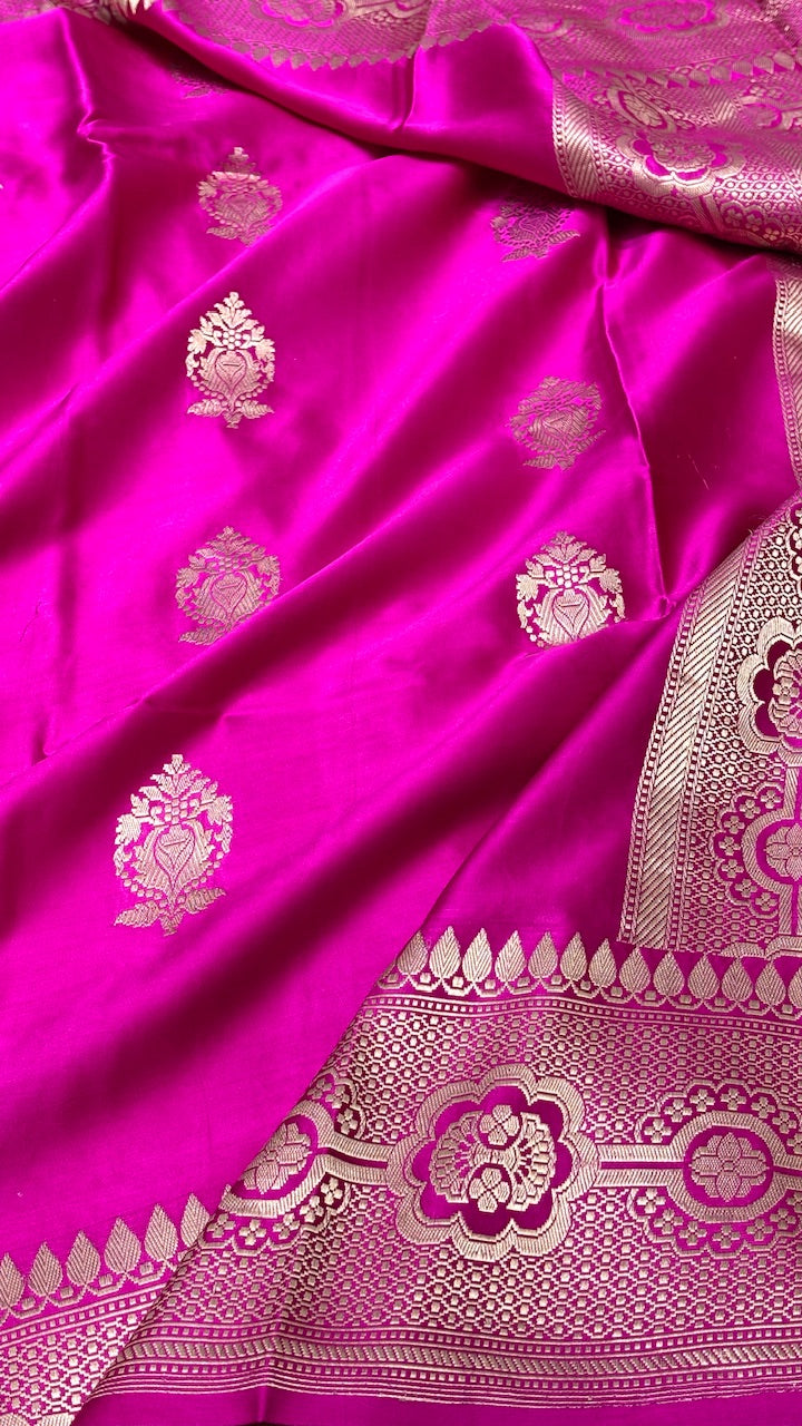 Royal Pink Pure Banarasi Satin-Mashru Silk Handwoven Saree