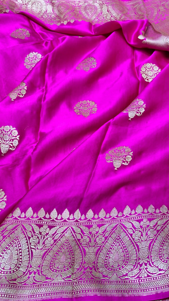 Magenta Pink Pure Banarasi Satin-Mashru Silk Handwoven Saree