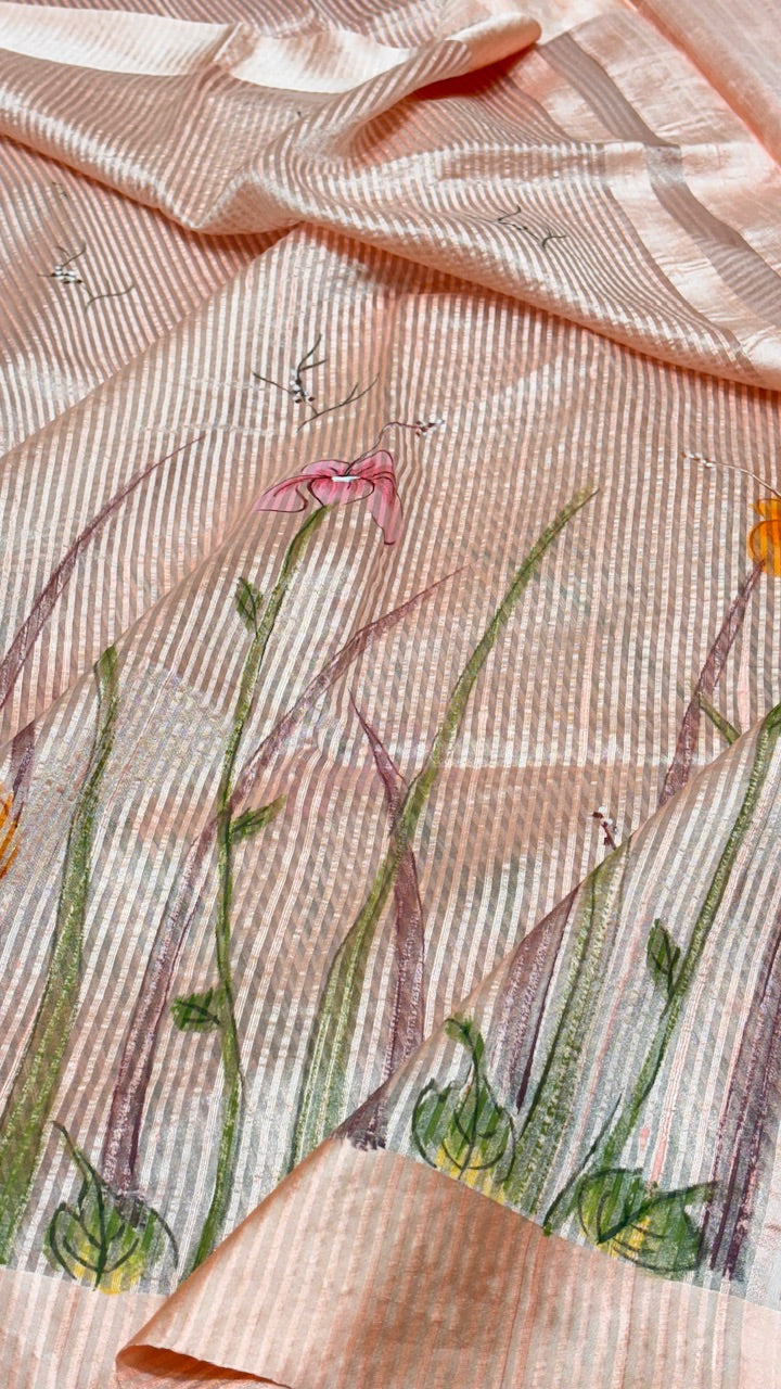 Peach Pure Banarasi Tissue Handprinted Saree with Satin Border