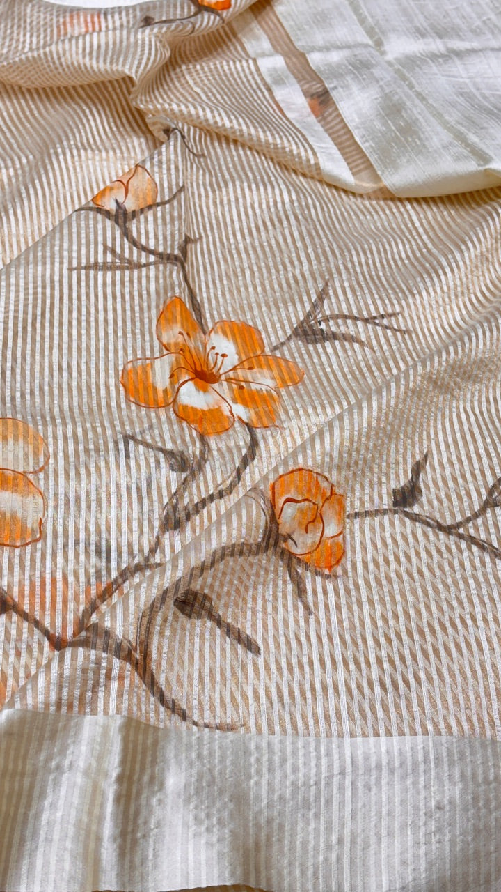 Golden Beige Striped Pattern Pure Banarasi Tissue Handprinted Saree with Satin Border