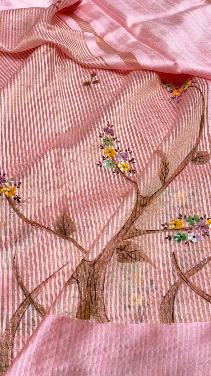 Rose Pink Pure Banarasi Tissue Handprinted Saree with Satin Border