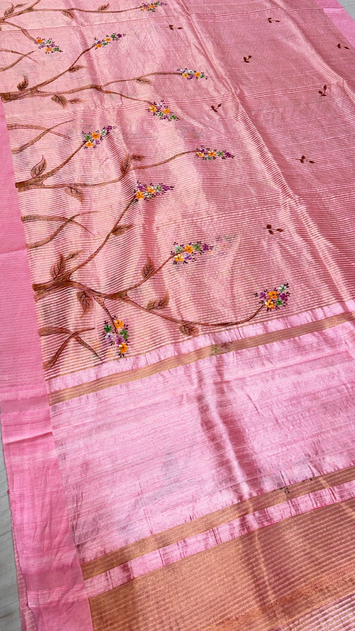Rose Pink Pure Banarasi Tissue Handprinted Saree with Satin Border