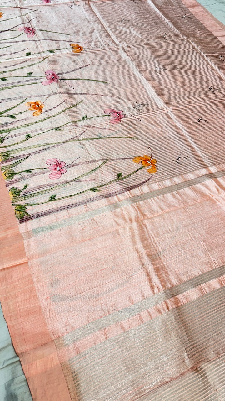 Peach Pure Banarasi Tissue Handprinted Saree with Satin Border