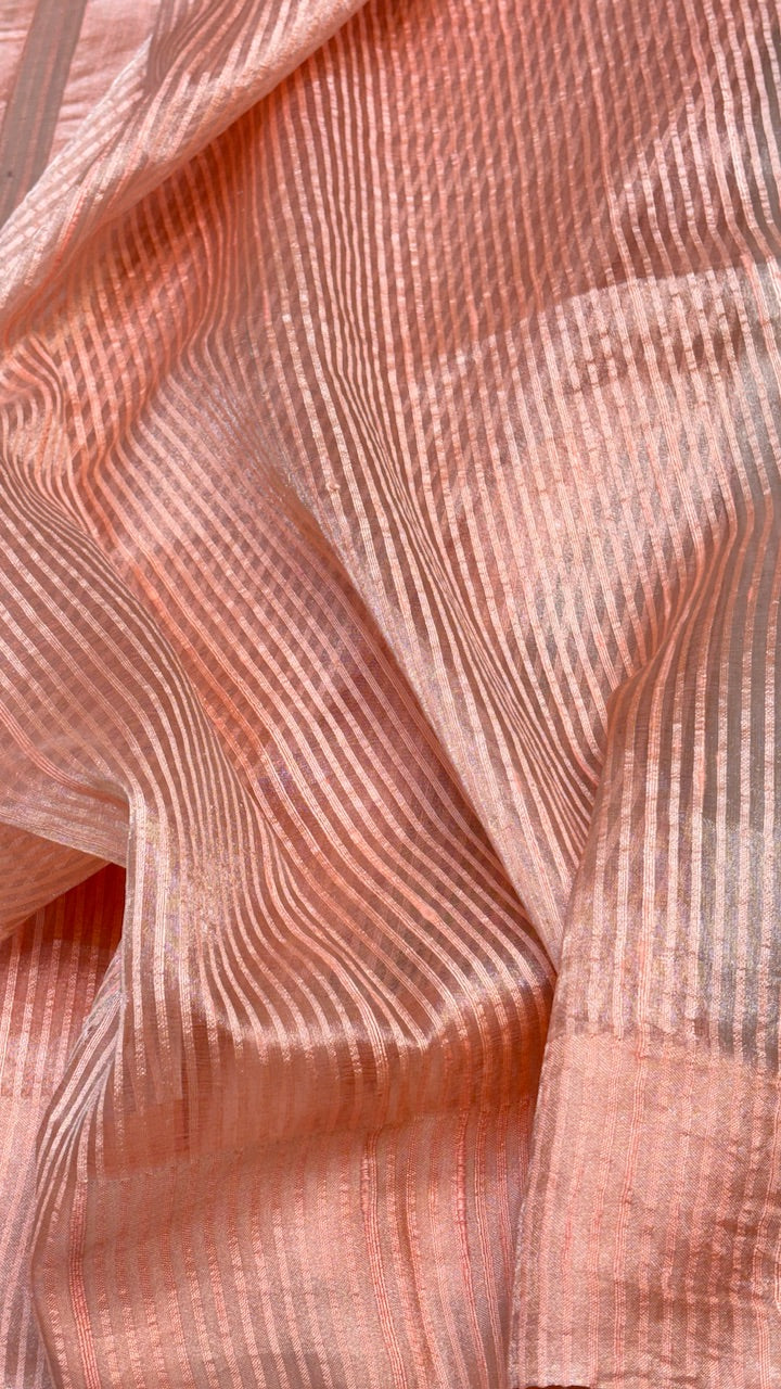 Peach Pure Banarasi Tissue Handprinted Saree with Satin Border