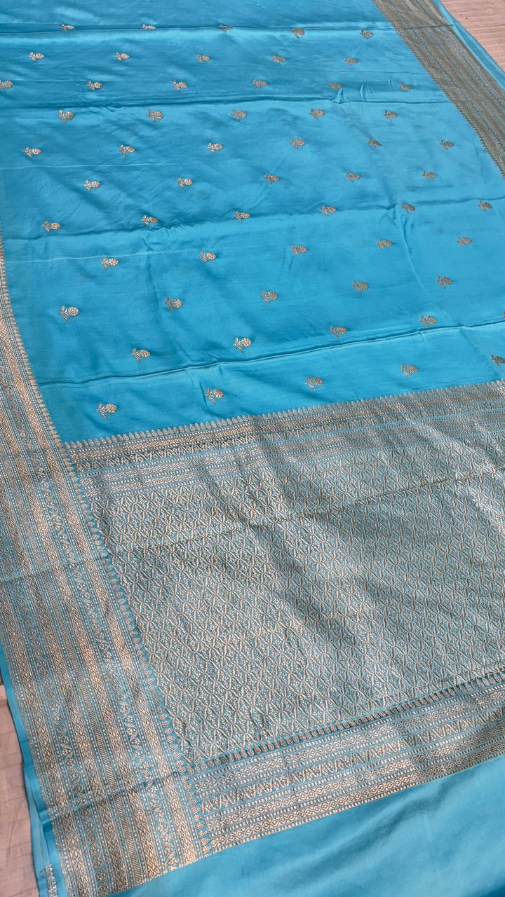 Sky Blue Pure Banarasi Satin-Mashru Silk Handwoven Saree