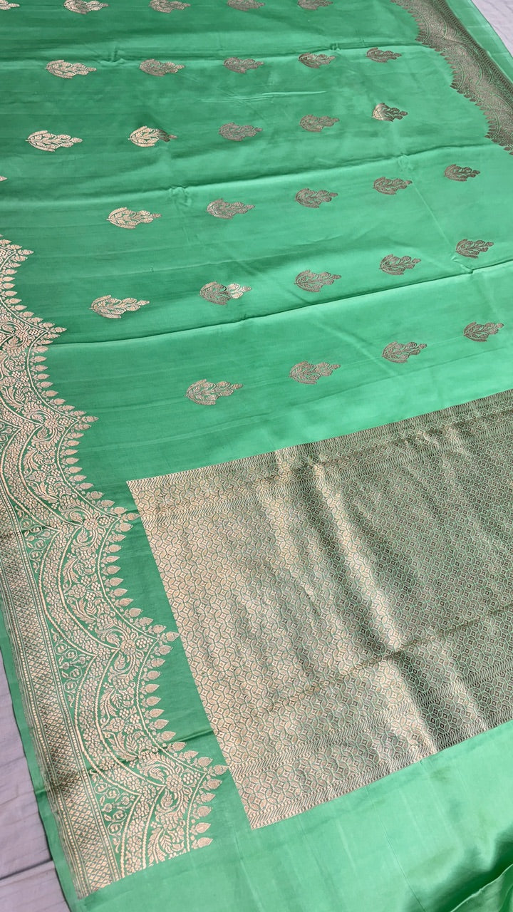 Mint Green Pure Banarasi Satin-Mashru Silk Handwoven Saree