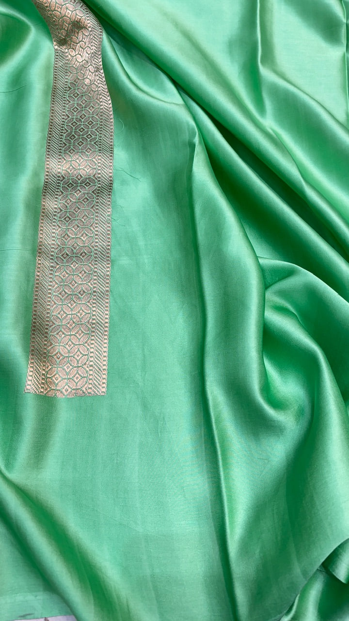 Mint Green Pure Banarasi Satin-Mashru Silk Handwoven Saree