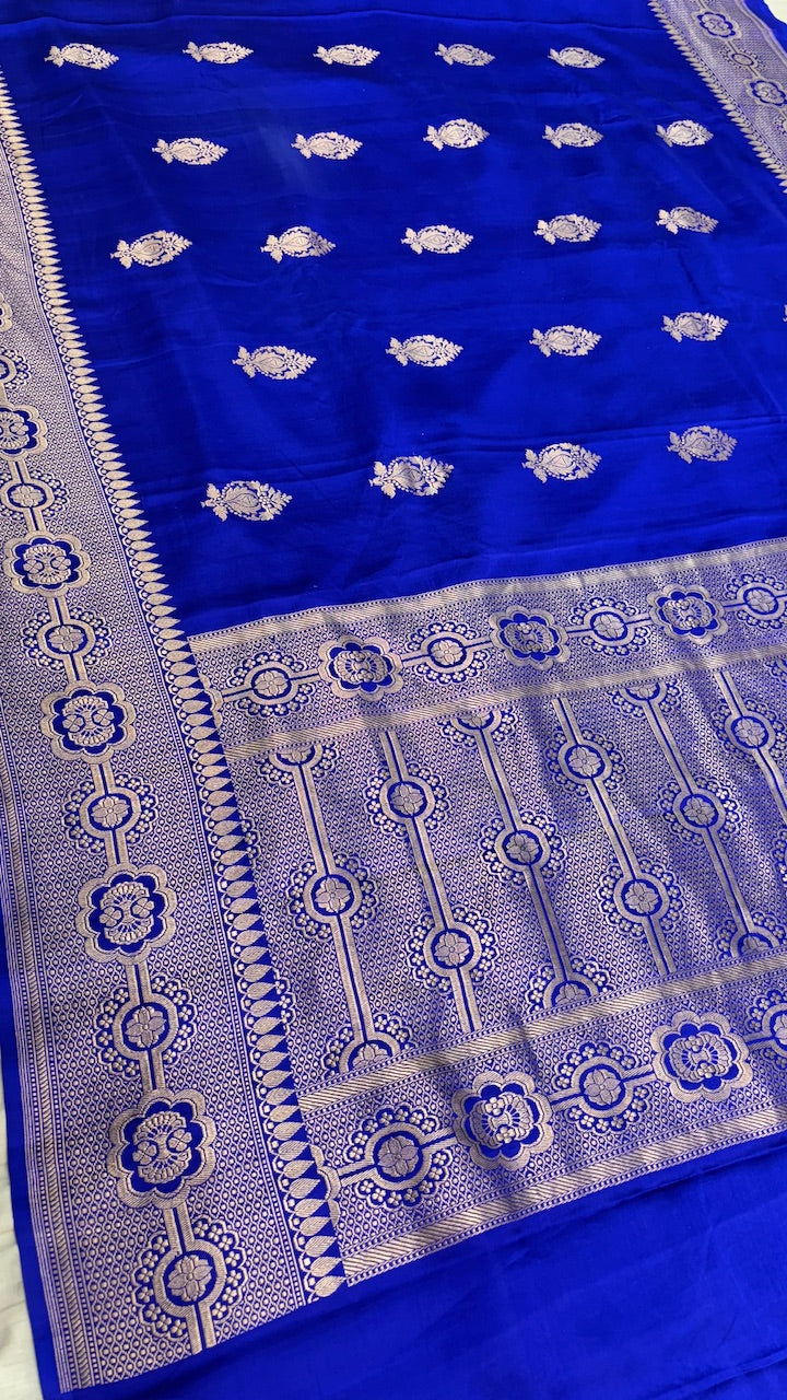 Royal Blue Pure Banarasi Satin-Mashru Silk Handwoven Saree