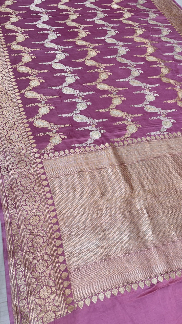 Silky Pink Pure Banarasi Mashru Satin Silk Handwoven Saree