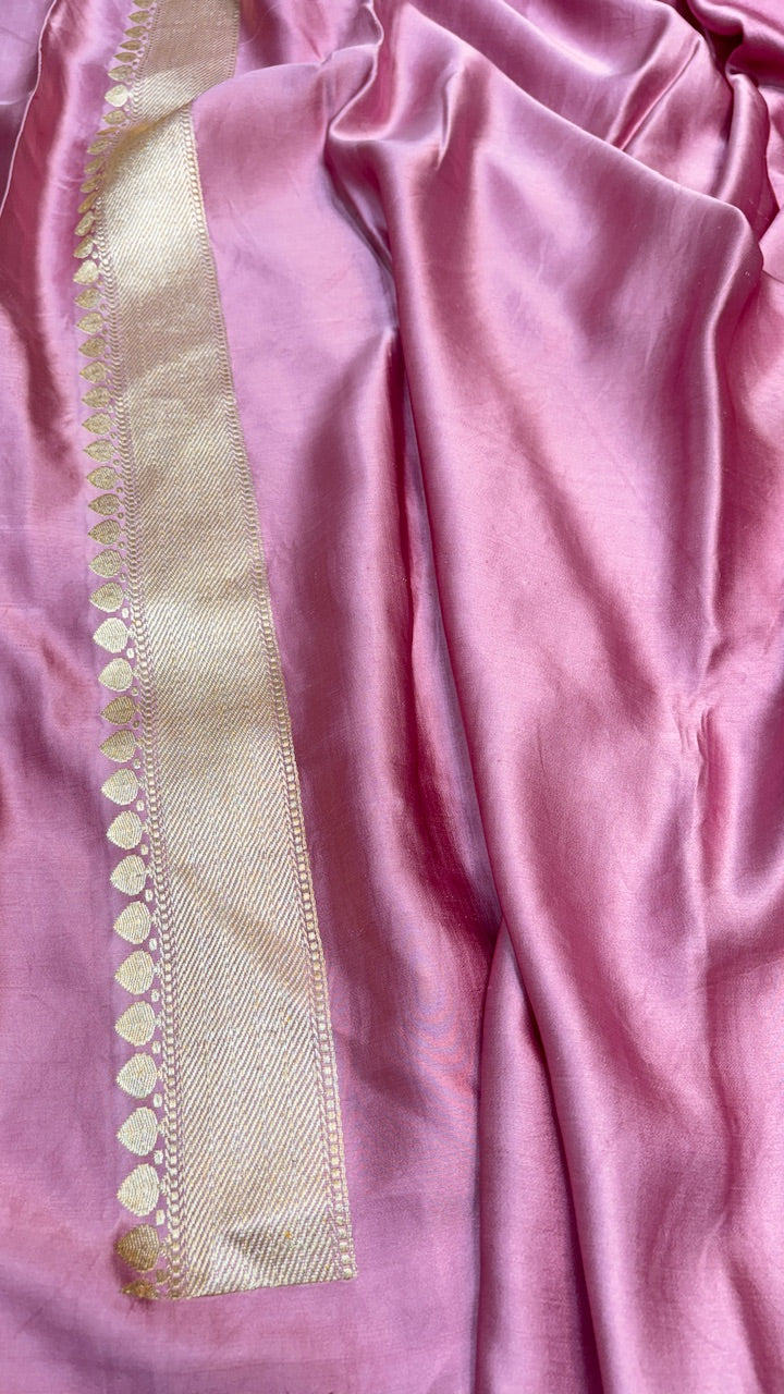 Silky Pink Pure Banarasi Mashru Satin Silk Handwoven Saree