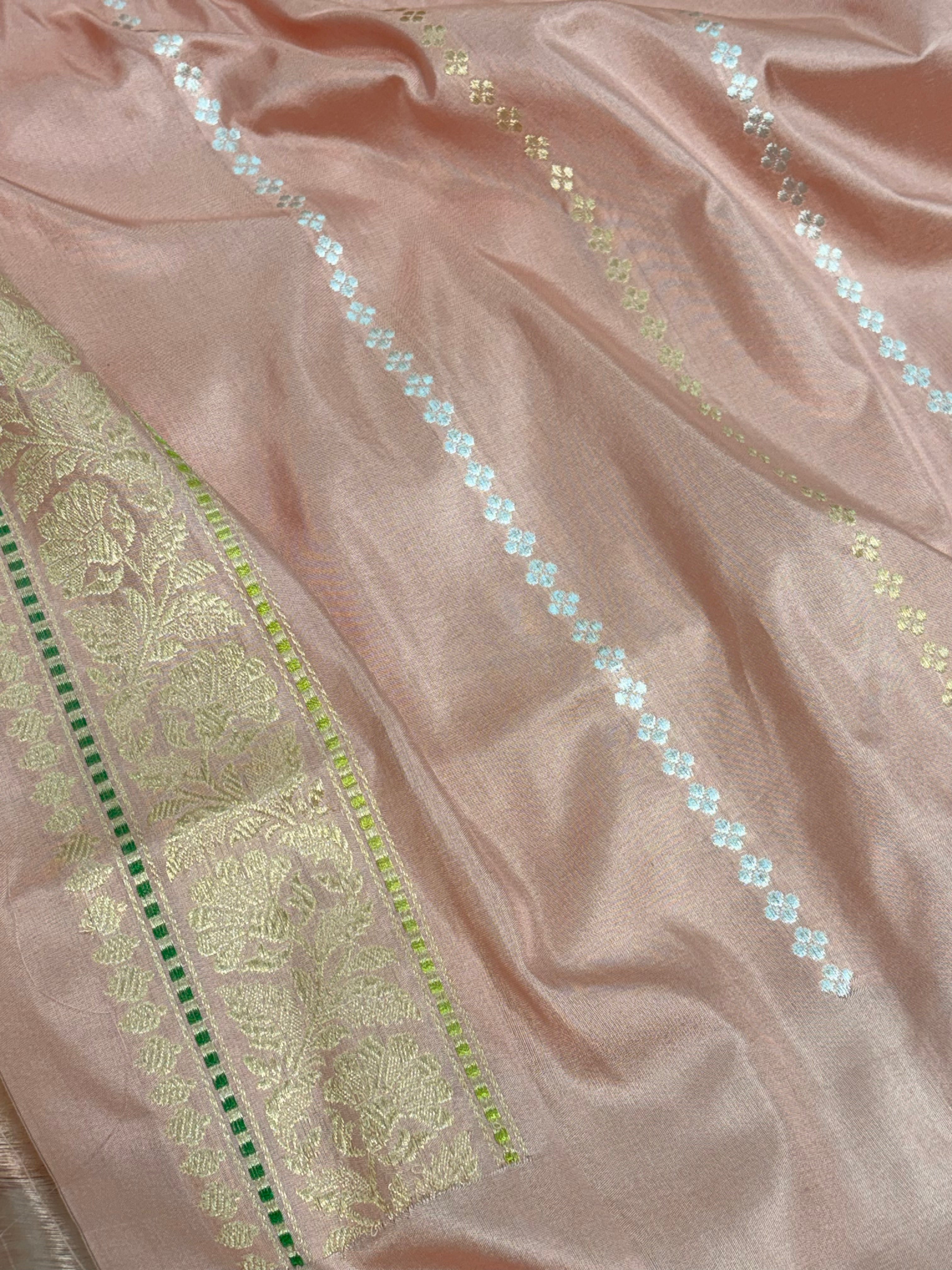 Blush Peach Pink Designer Tanchoi Handwoven Banarasi Pure Katan Silk Saree