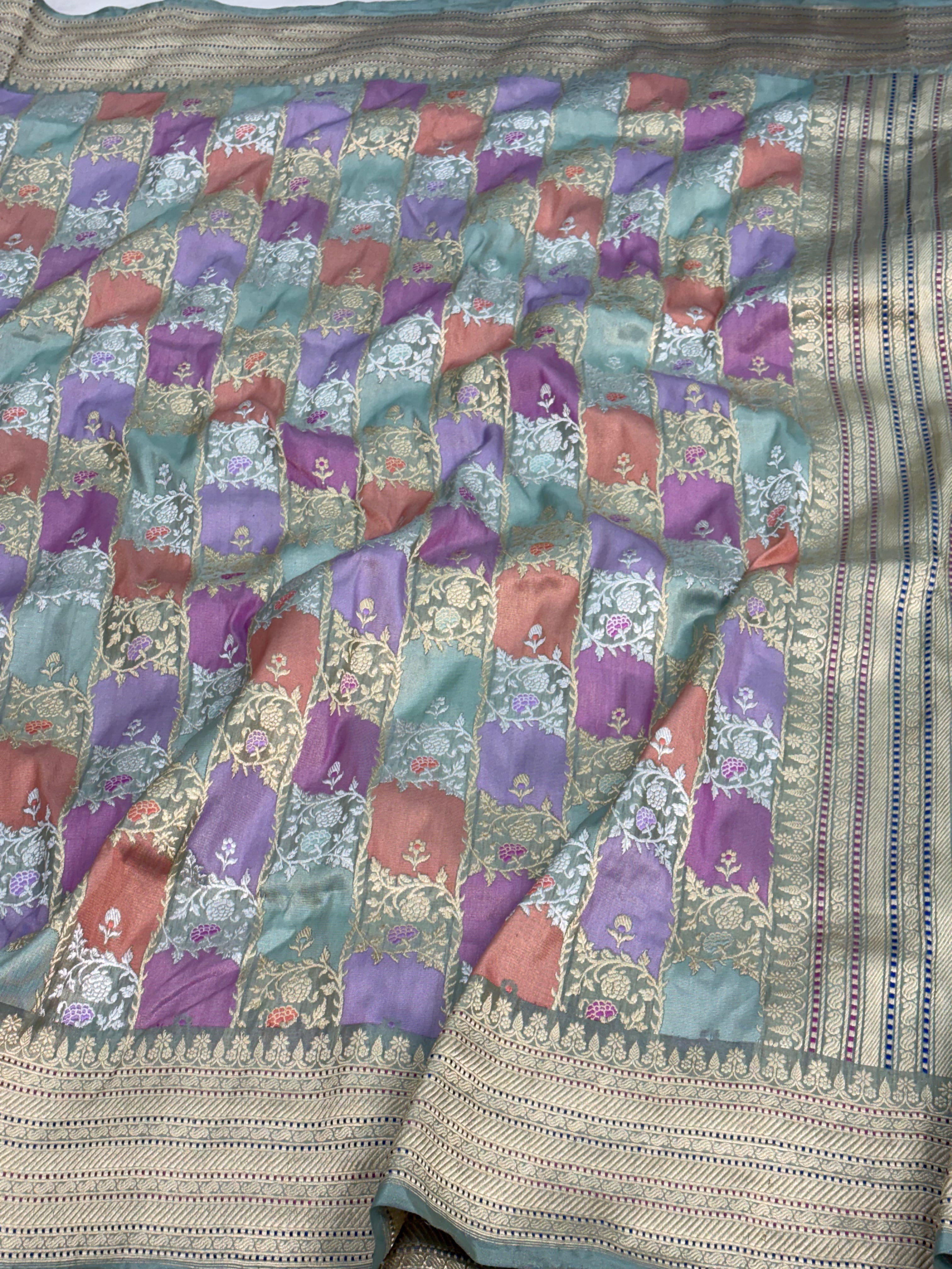 Teal Blue Handwoven Multicolor Rangkaat Banarasi Katan Silk Saree
