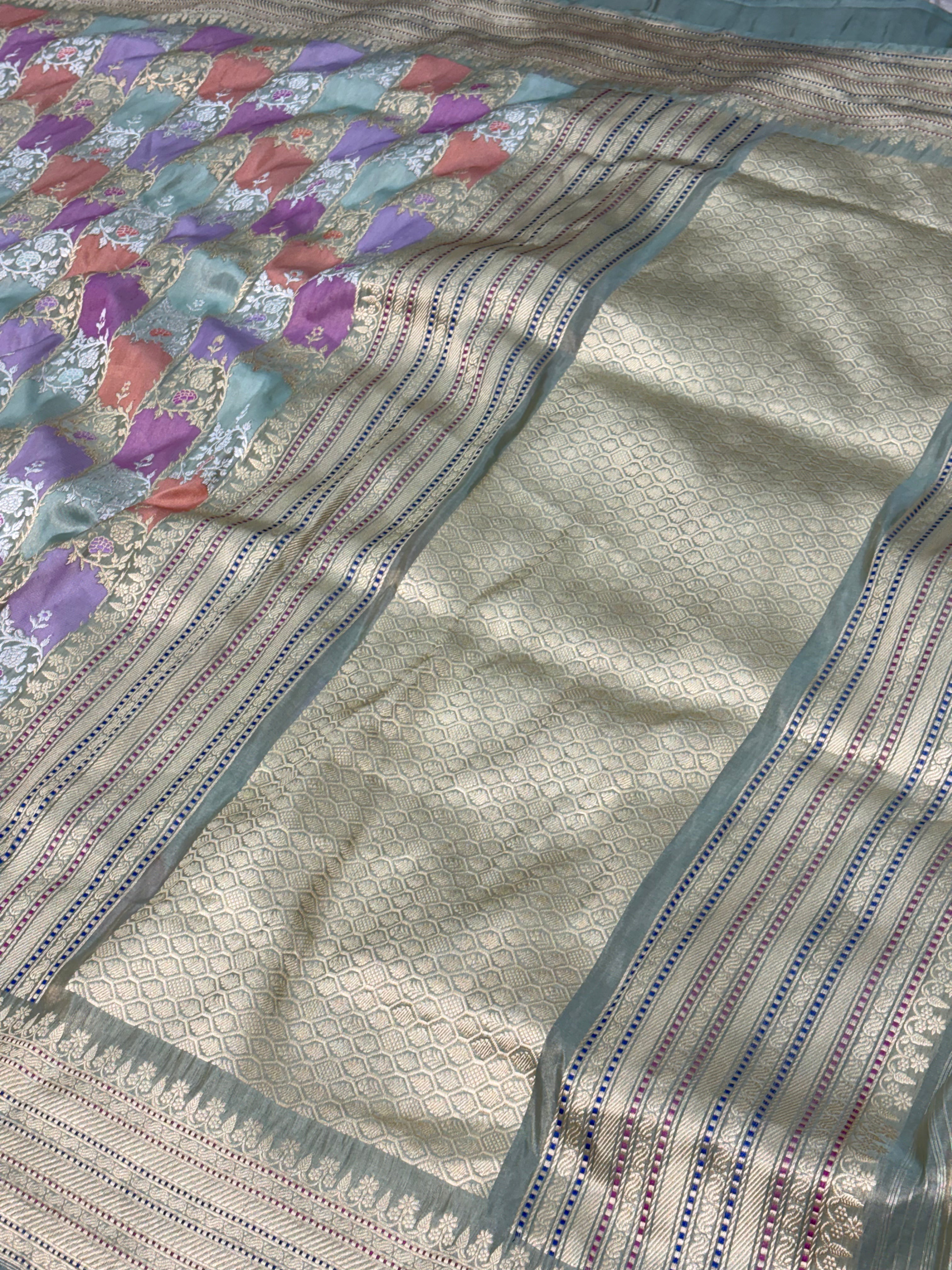 Teal Blue Handwoven Multicolor Rangkaat Banarasi Katan Silk Saree