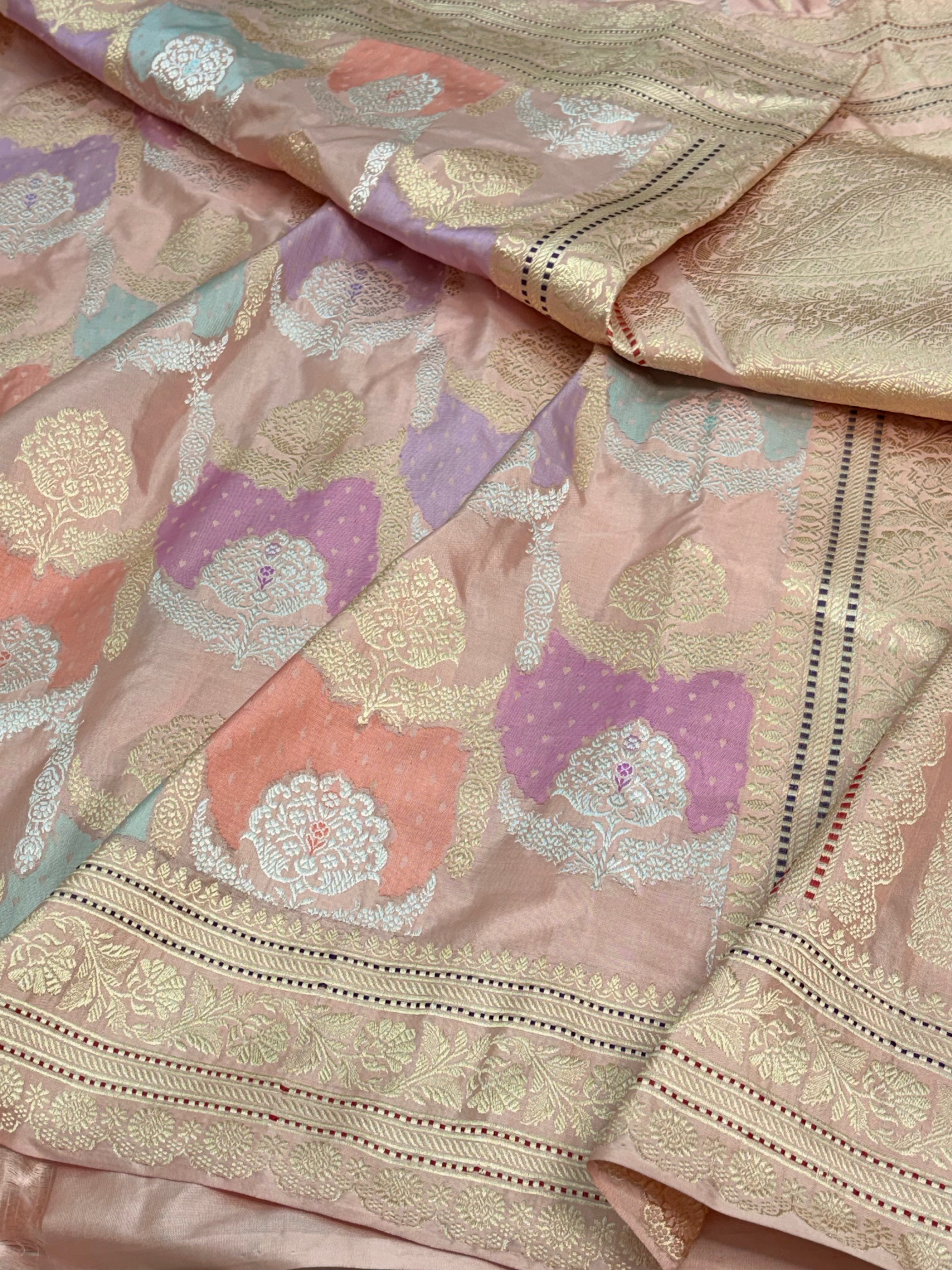 Baby Pink Handwoven Banarasi Pure Katan Silk Necklace Rangkaat Saree