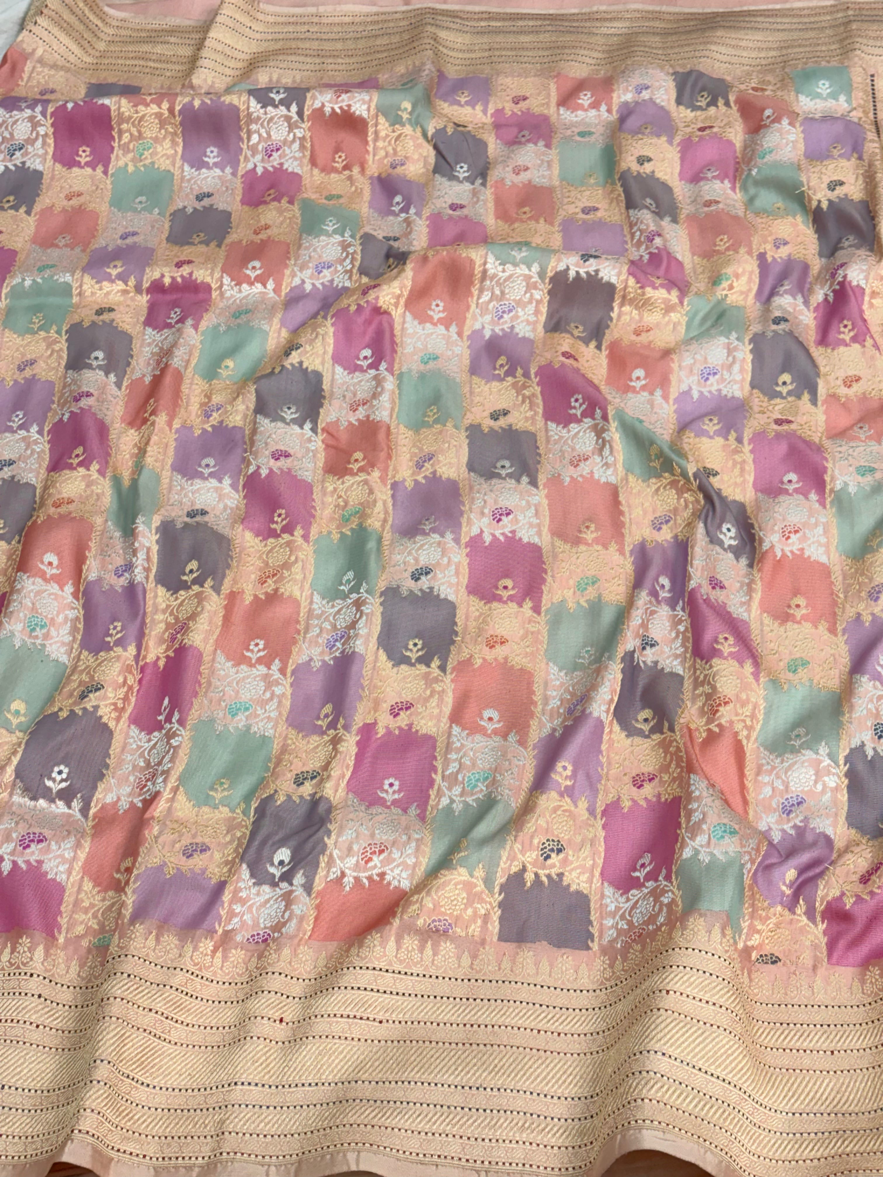 Pastel Multicolor Handwoven Banarasi Pastel Pure Katan Silk Rangkaat Saree