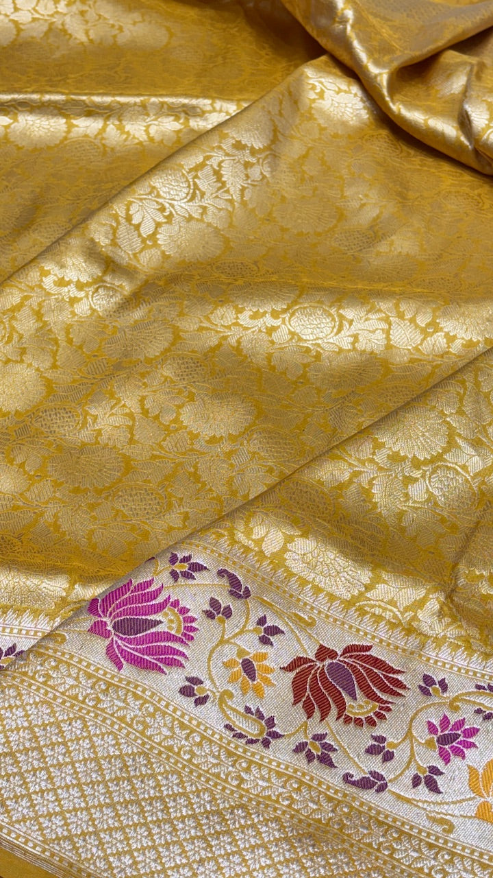 Yellow Pure Banarasi Brocade Tanchoi Handwoven Saree