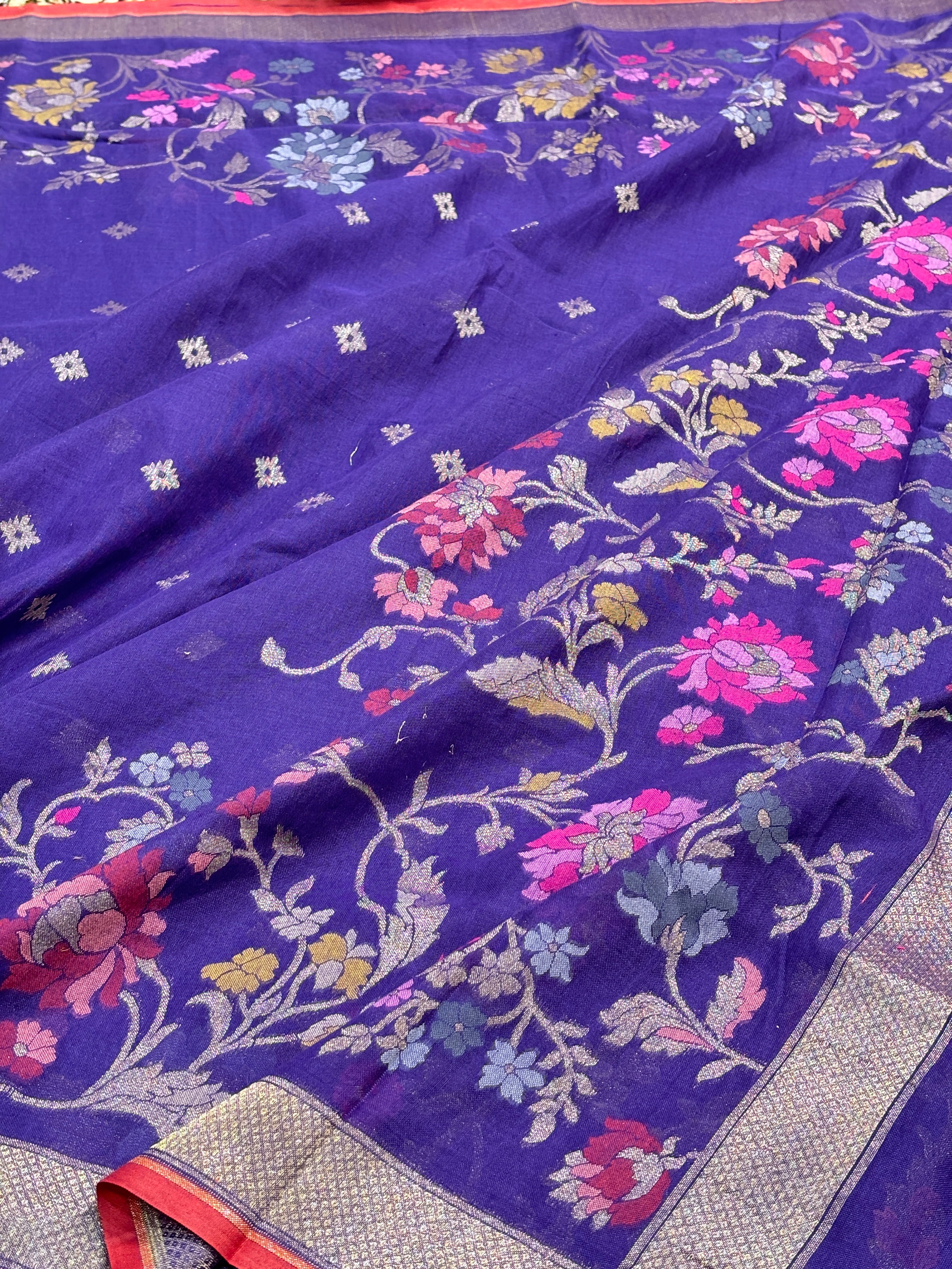 Purple Banarasi cotton Jamdani handloom Saree