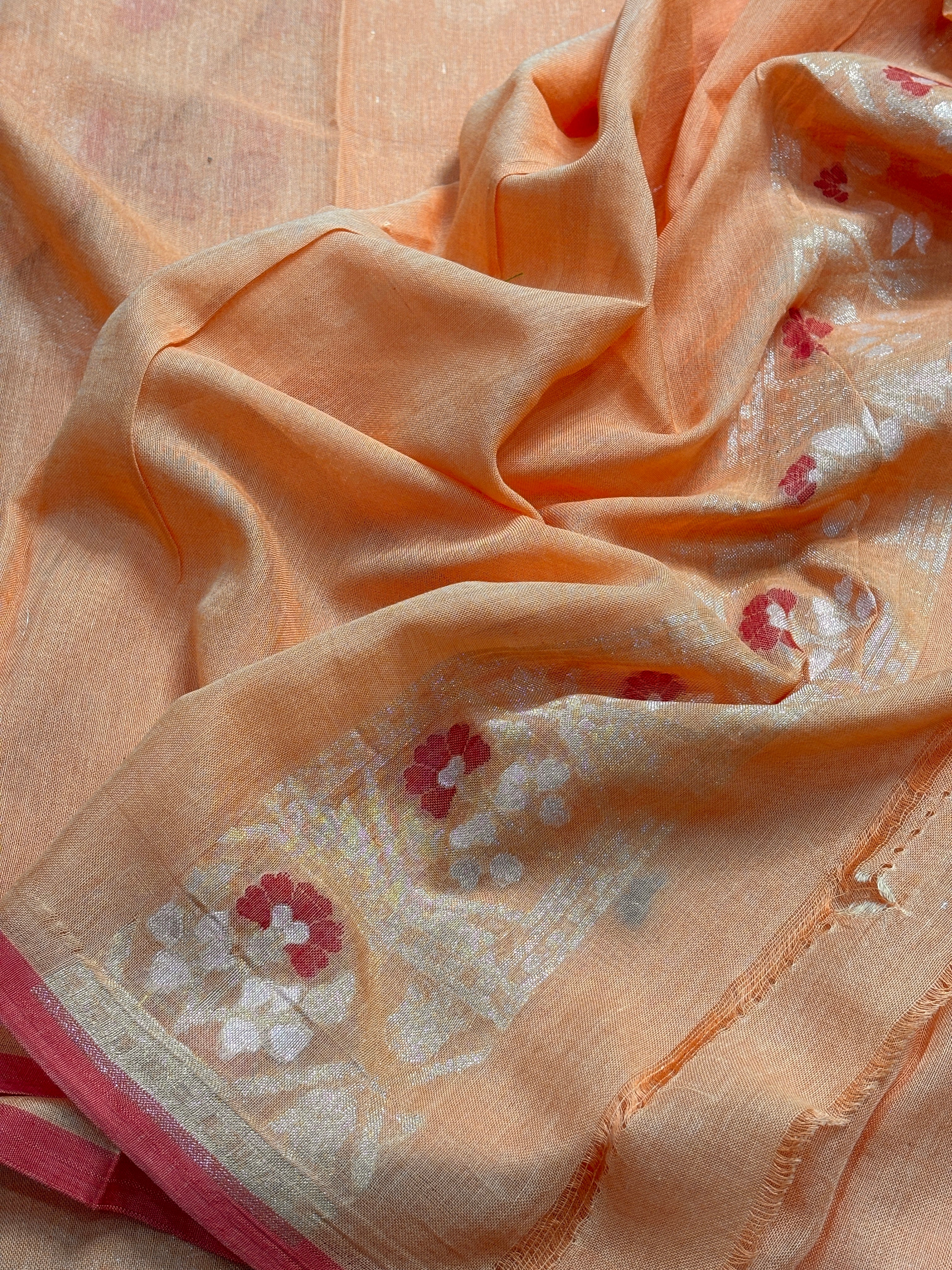 Peach Orange Banarasi cotton Jamdani handloom Saree