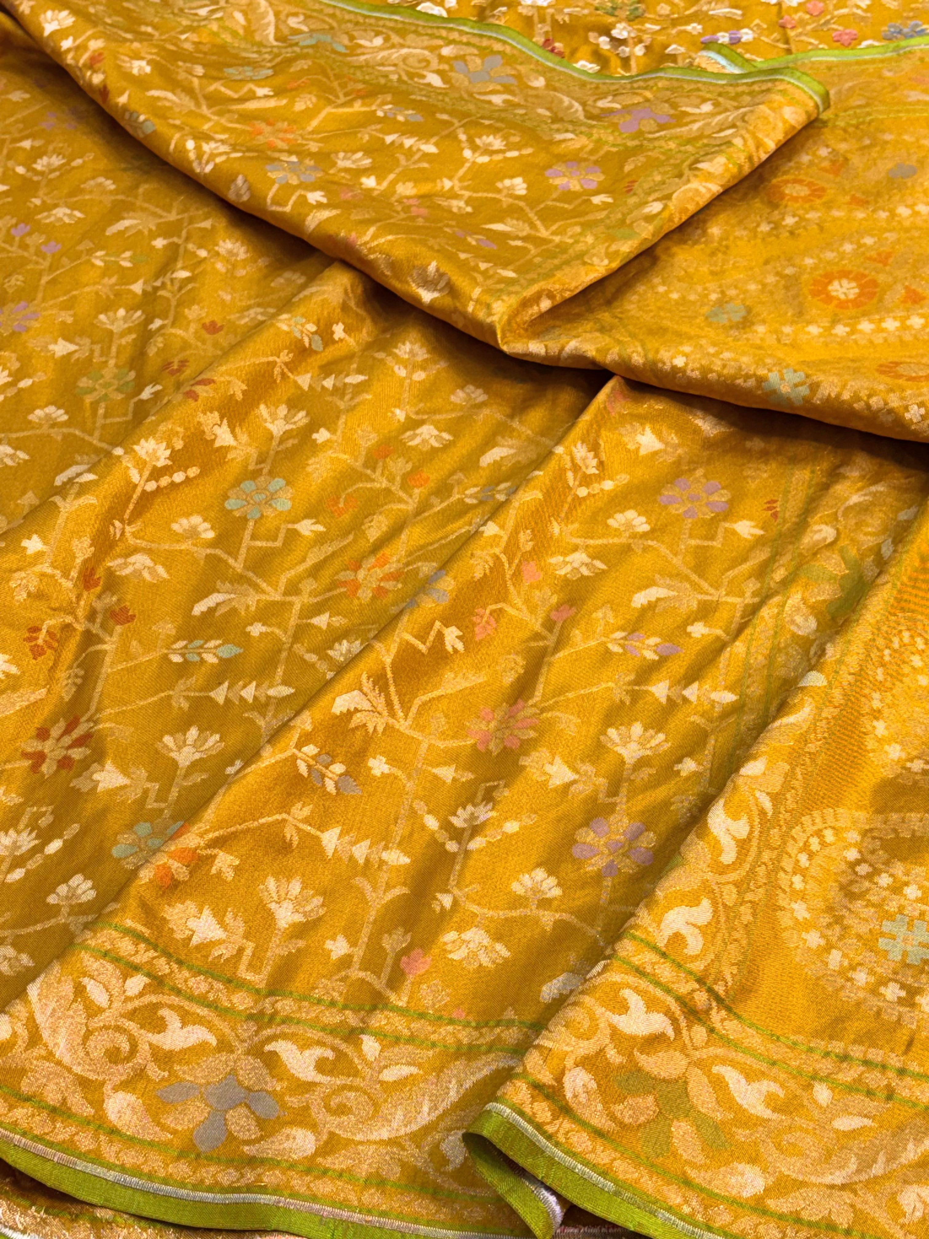Mustard Yellow Pure Katan Silk Iktara Meenakari Jamdani Saree