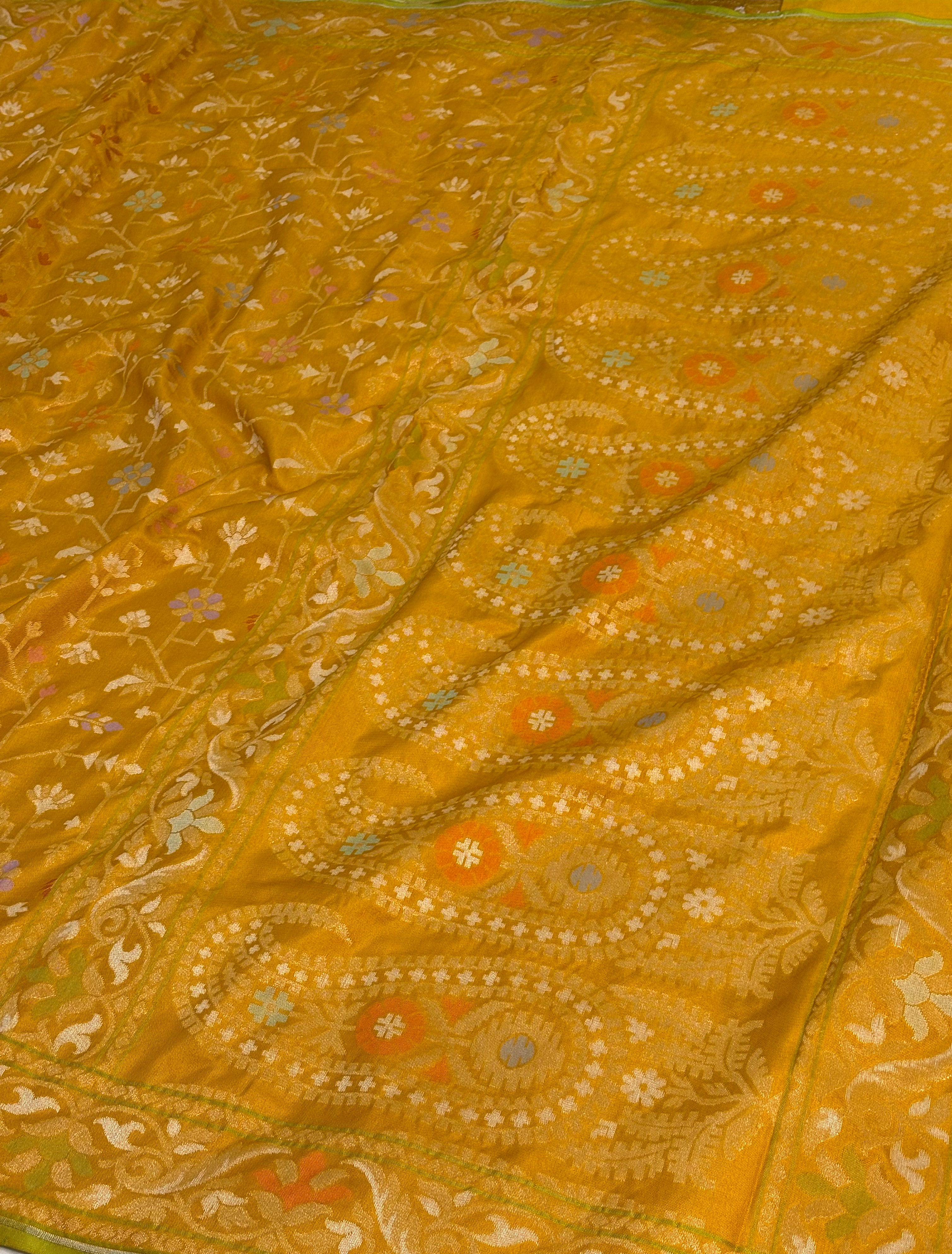 Mustard Yellow Pure Katan Silk Iktara Meenakari Jamdani Saree