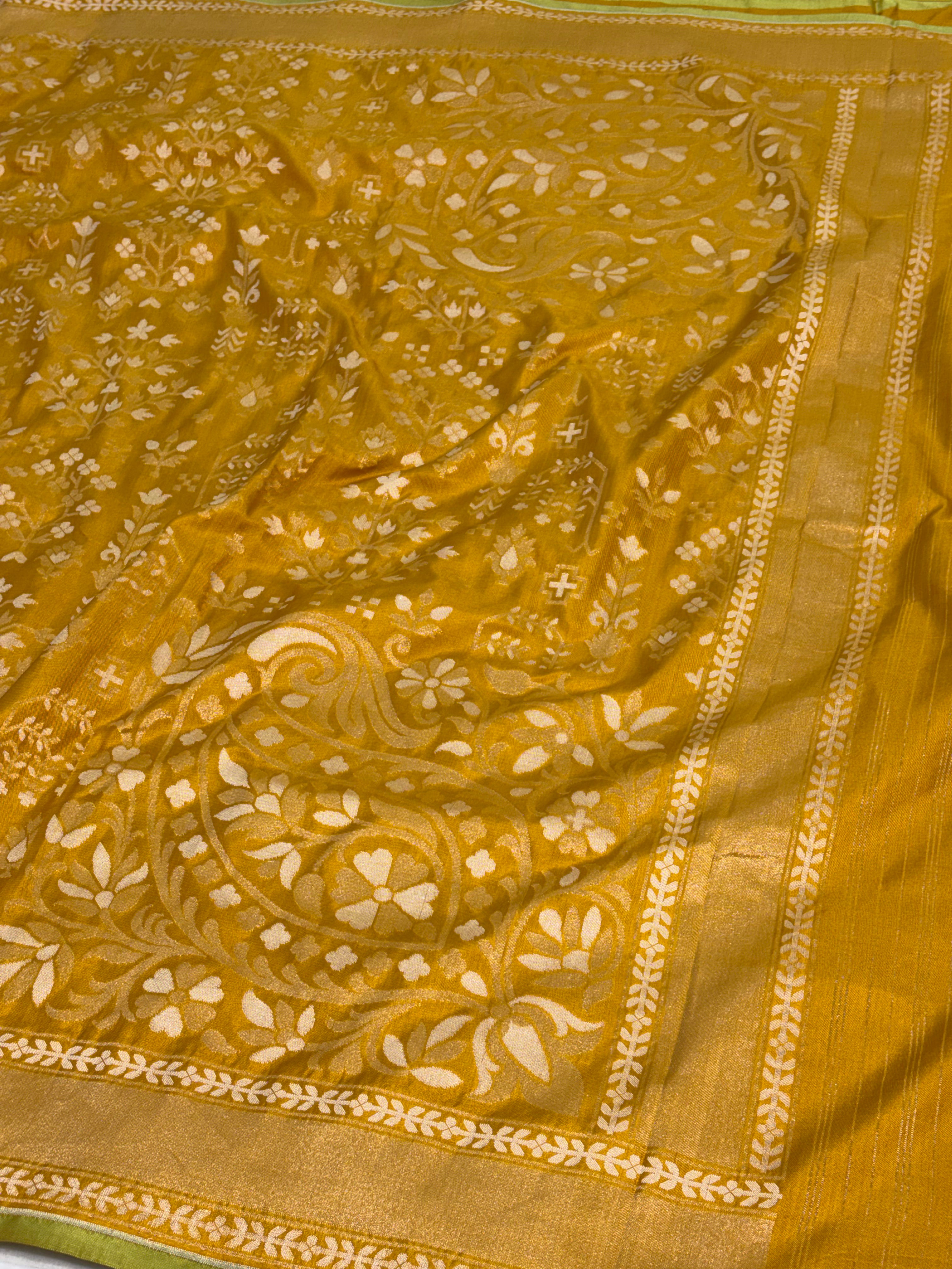 Mustard Yellow Banarasi Pure Katan Silk Iktara Jamdani Saree