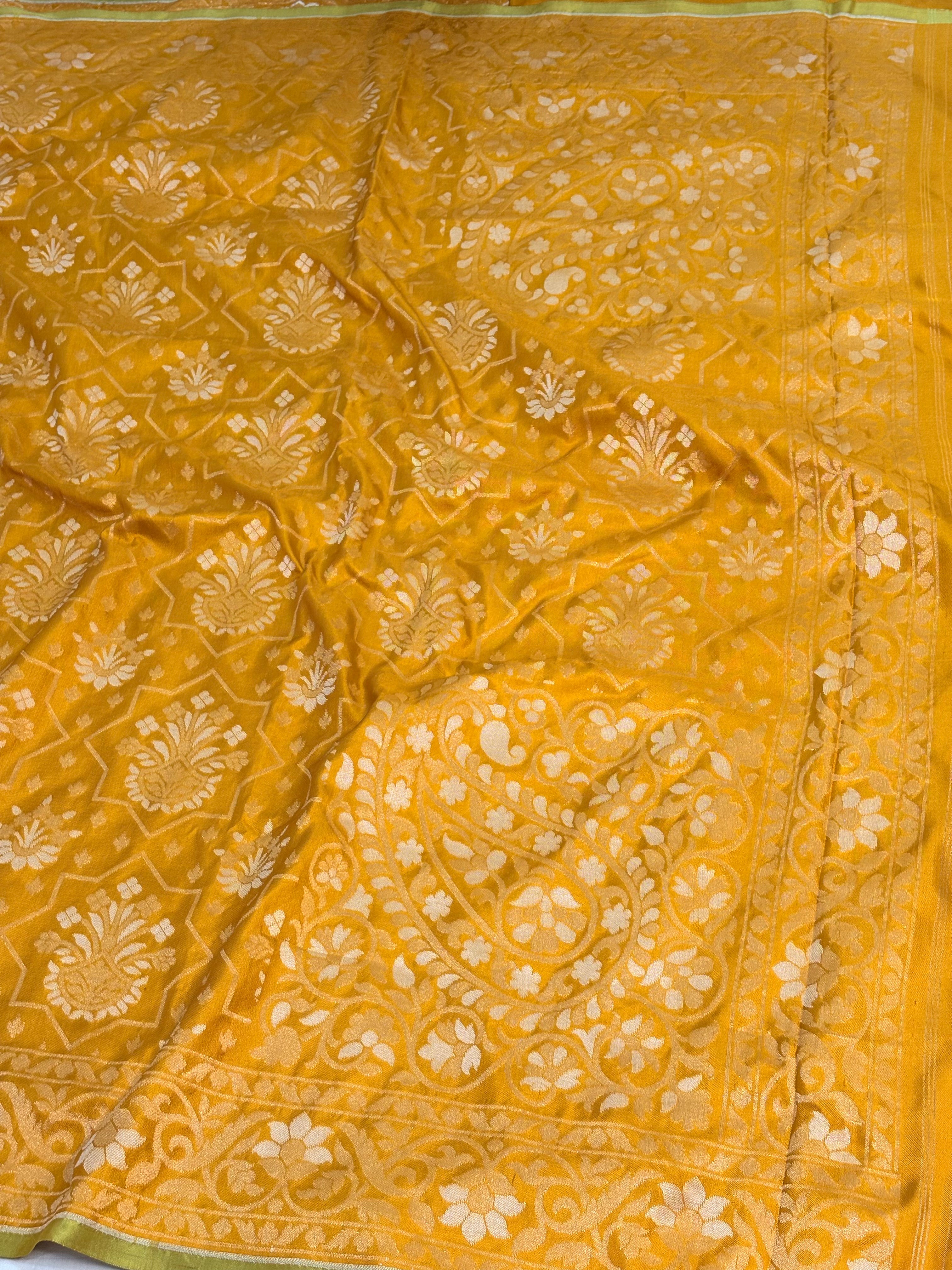 Yellow Banarasi Handwoven Pure Katan Silk Iktara Jamdani Saree