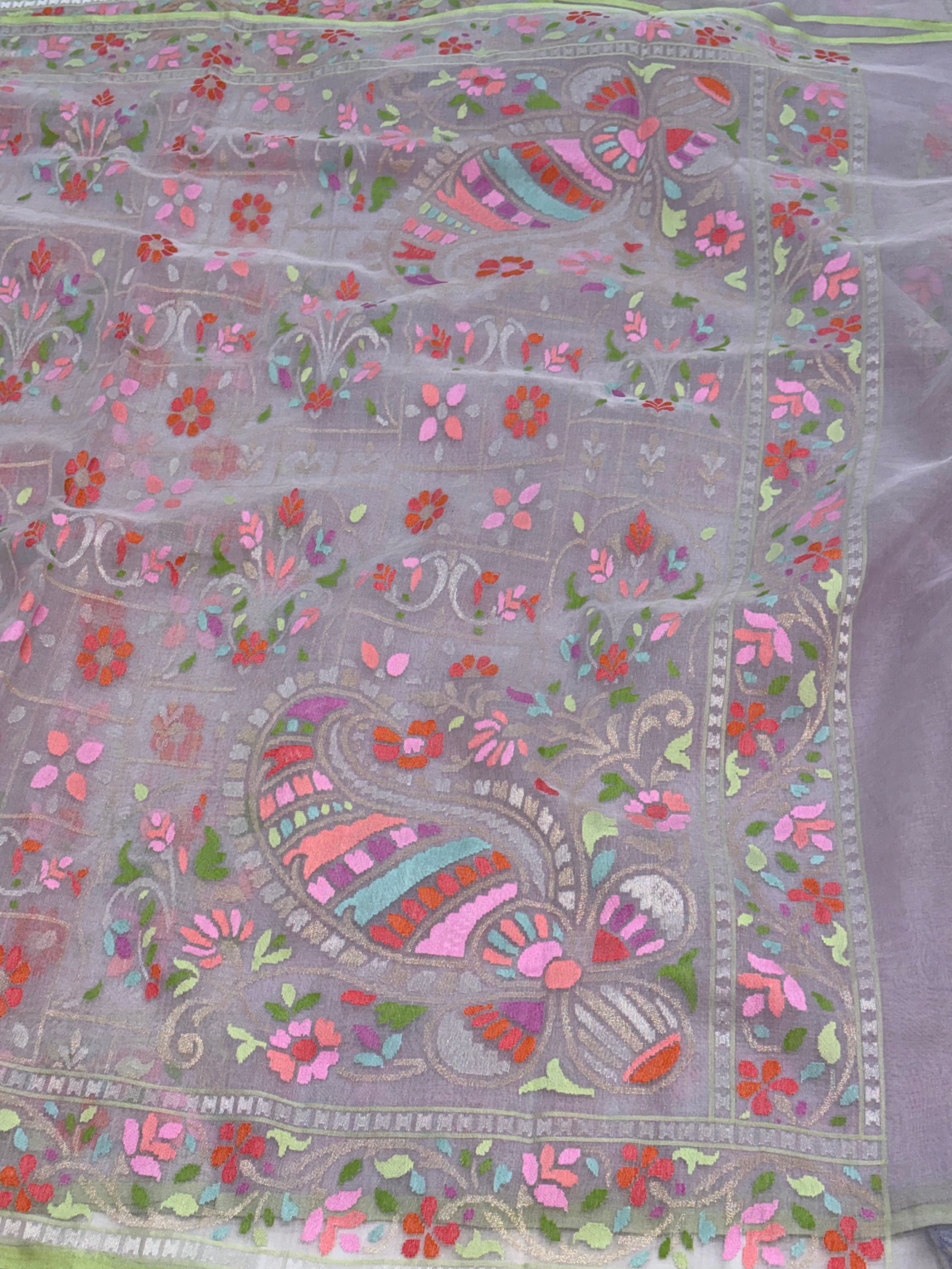 Mauve Pink Banarasi Pure Kora Iktara Real Zari Jamdani Saree