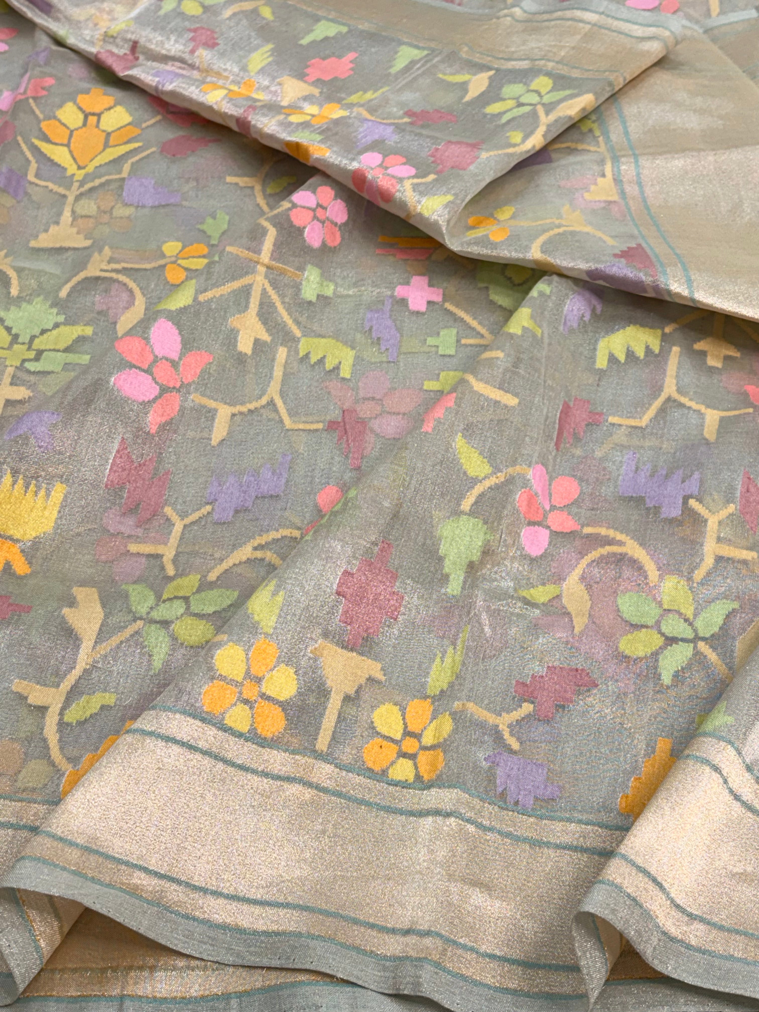 Real Zari Handwoven Grayish Blue Tissue Banarasi Saree