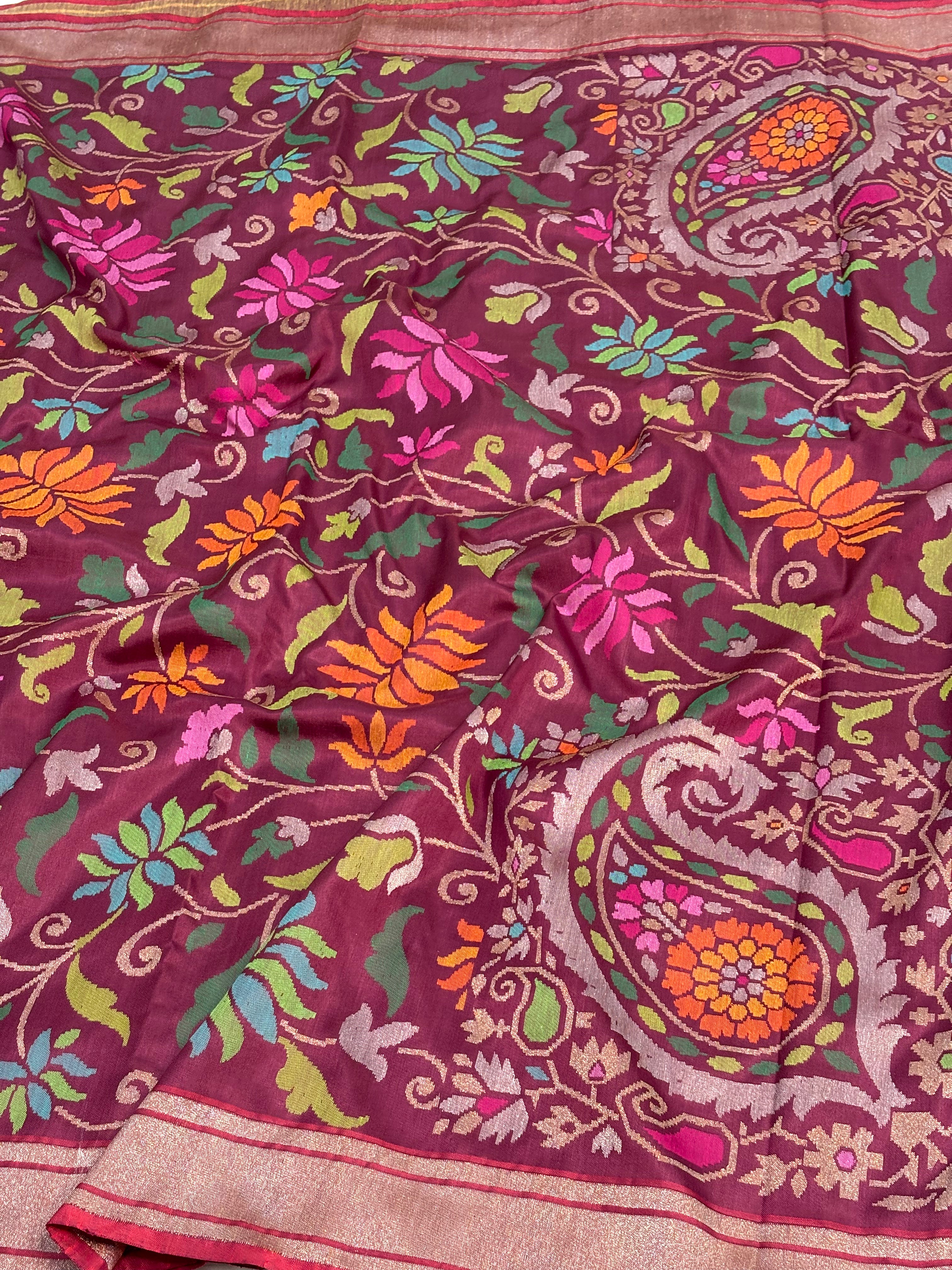 Wine Real Zari Handwoven Jamdani Banarasi Saree