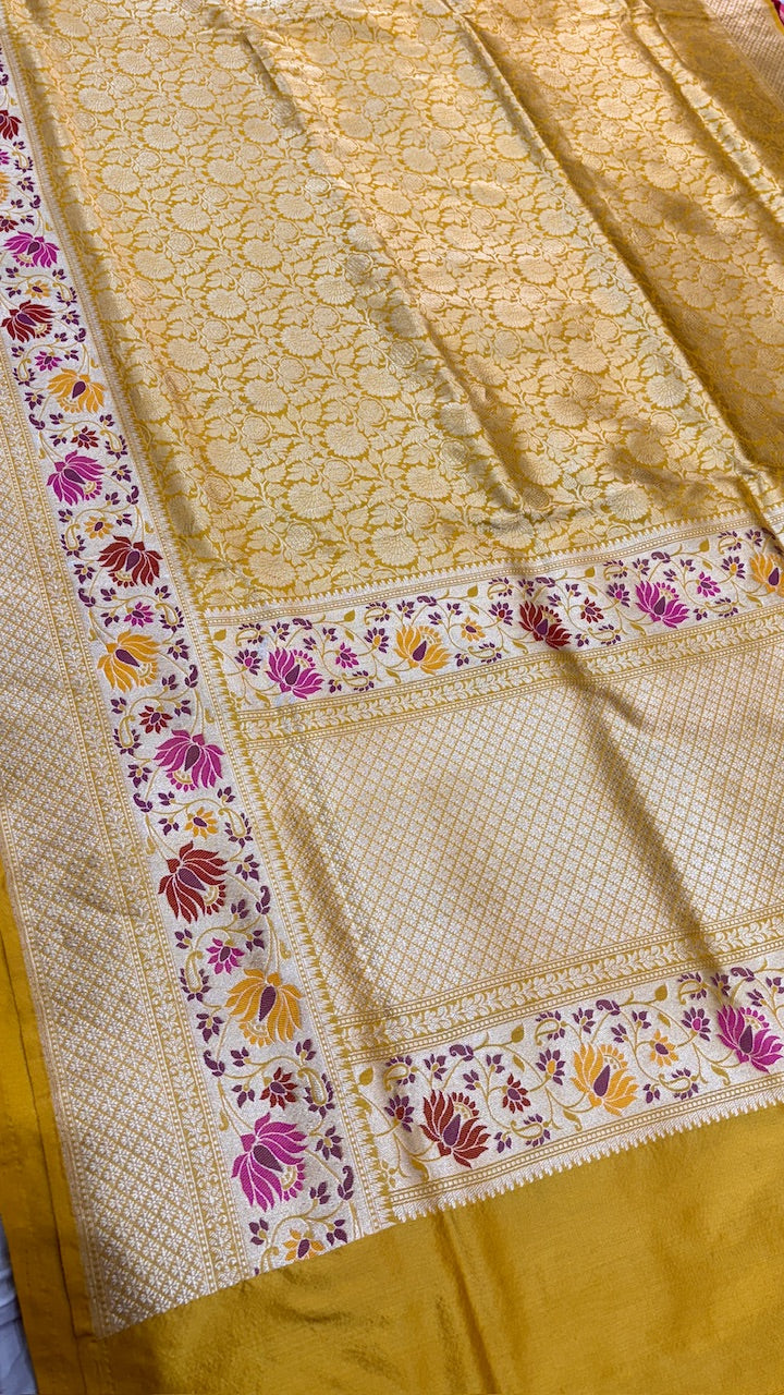 Yellow Pure Banarasi Brocade Tanchoi Handwoven Saree