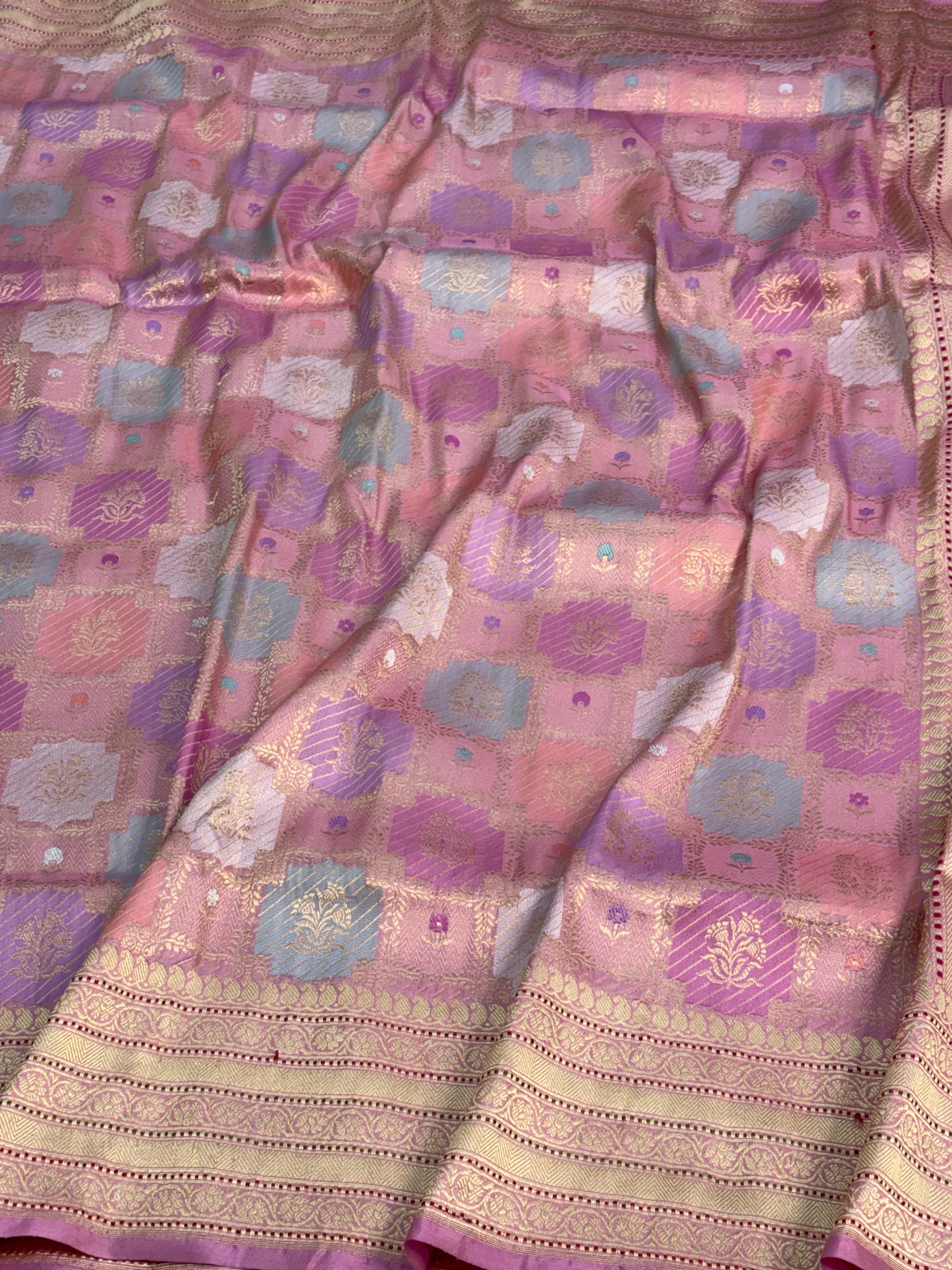 Pastel Rose Pink Banarasi Handwoven Pure Katan Silk Rangkaat Saree